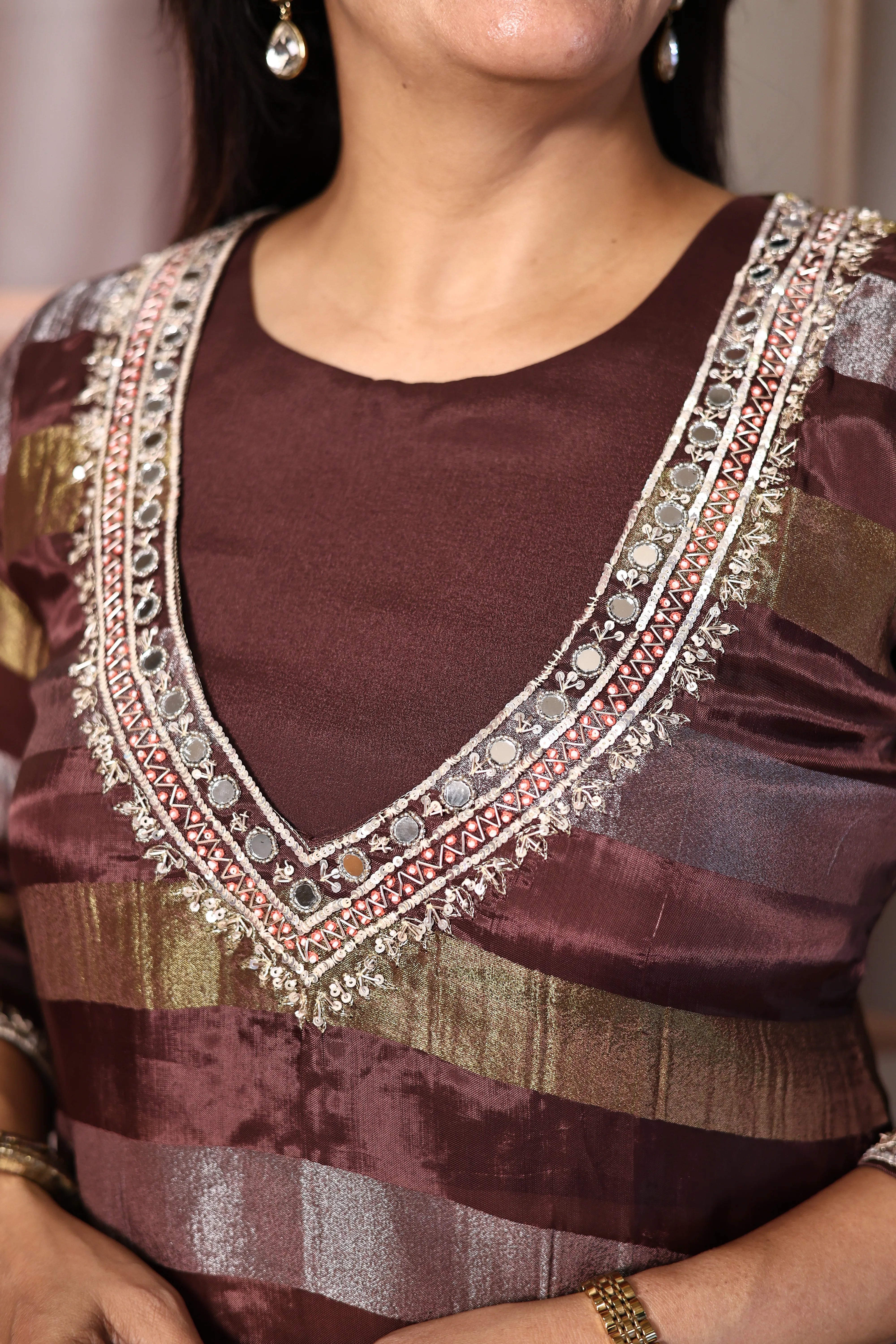 Chocolate Brown Deep Neck Palazzo Set with Bustier | Pearl, Sequins & Mirror Embroidered Tissue Co-Ord Set