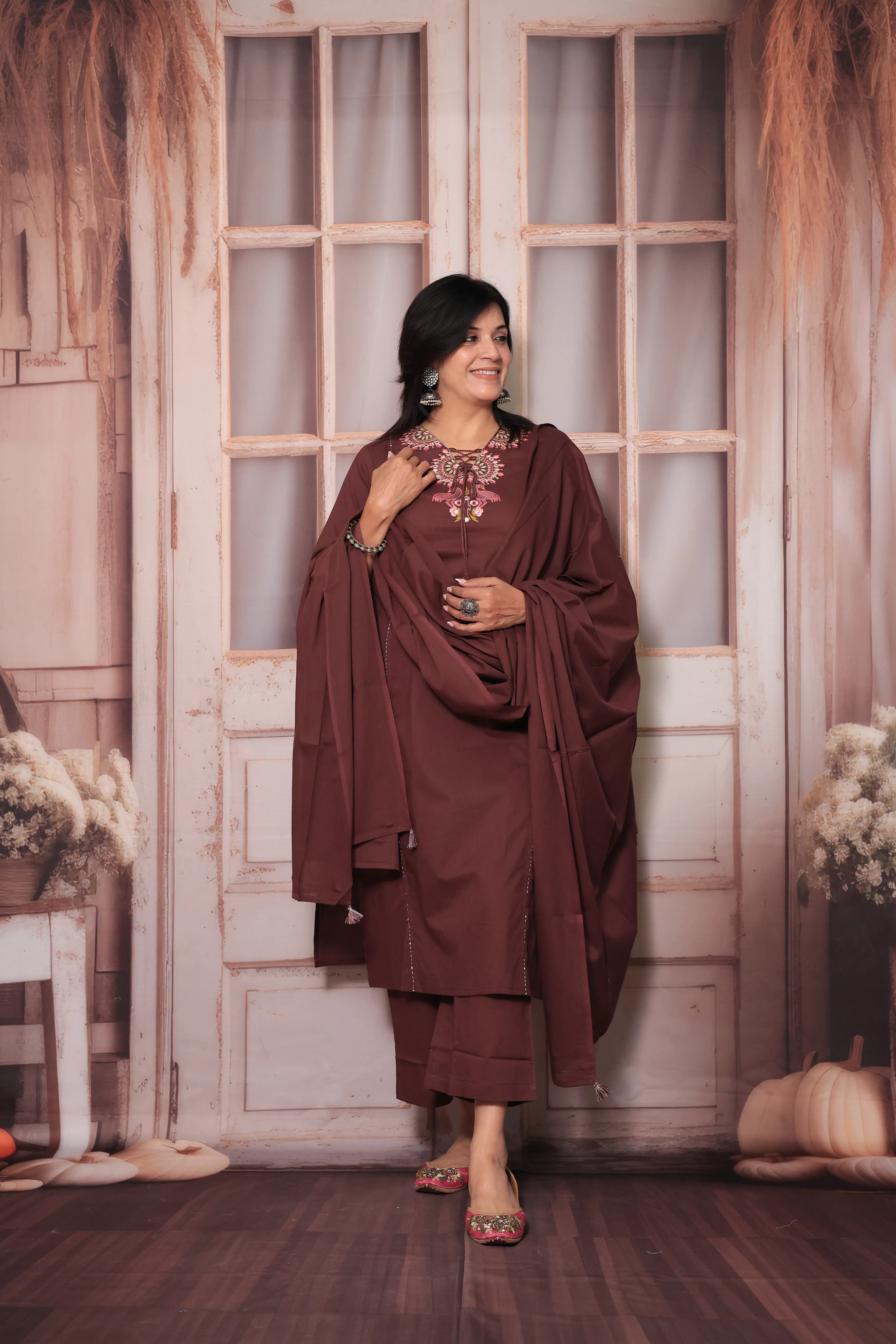 Athletic Maroon Floral Yoke Design Dupatta Set in Soft Cotton for Women