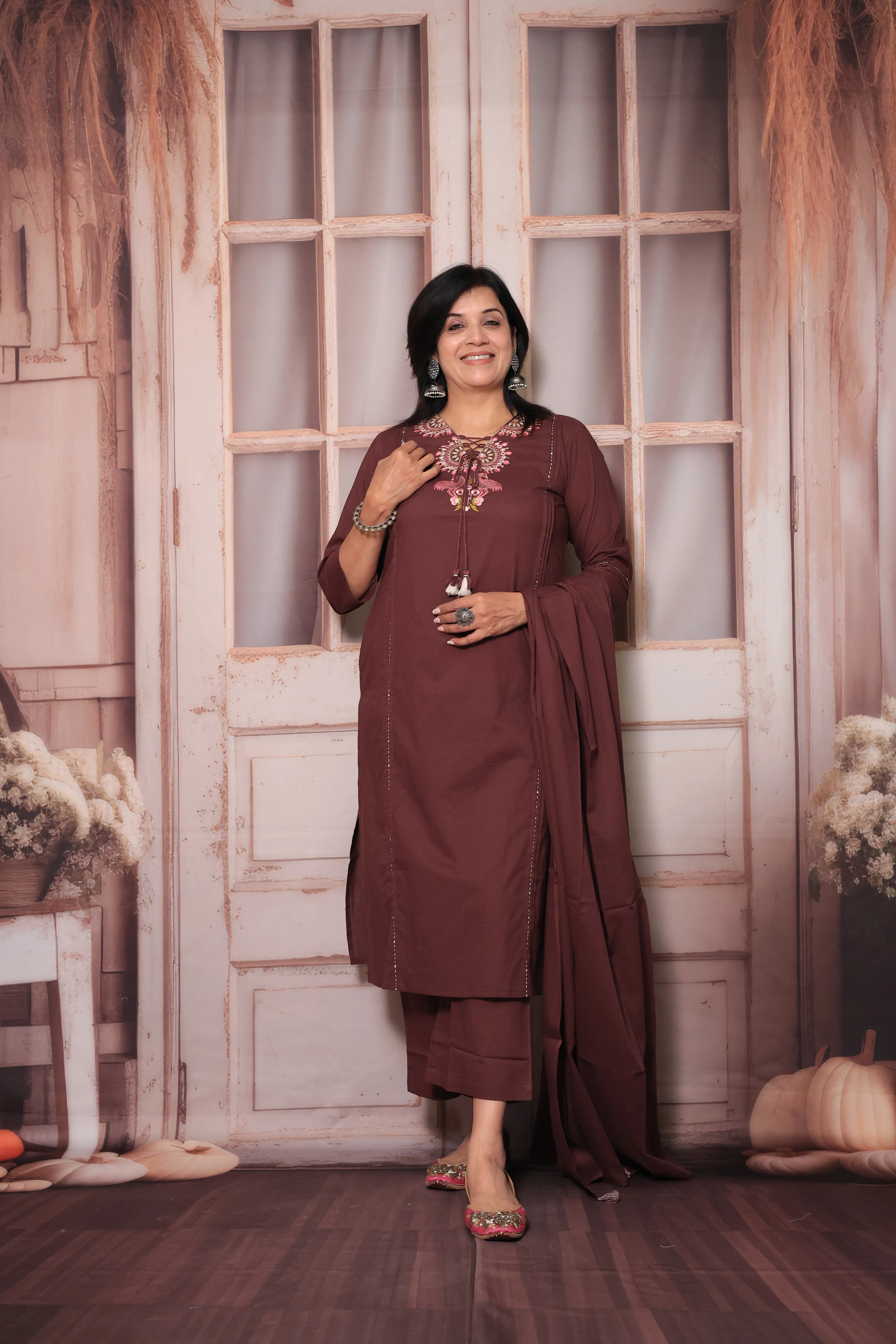 Athletic Maroon Floral Yoke Design Dupatta Set in Soft Cotton for Women