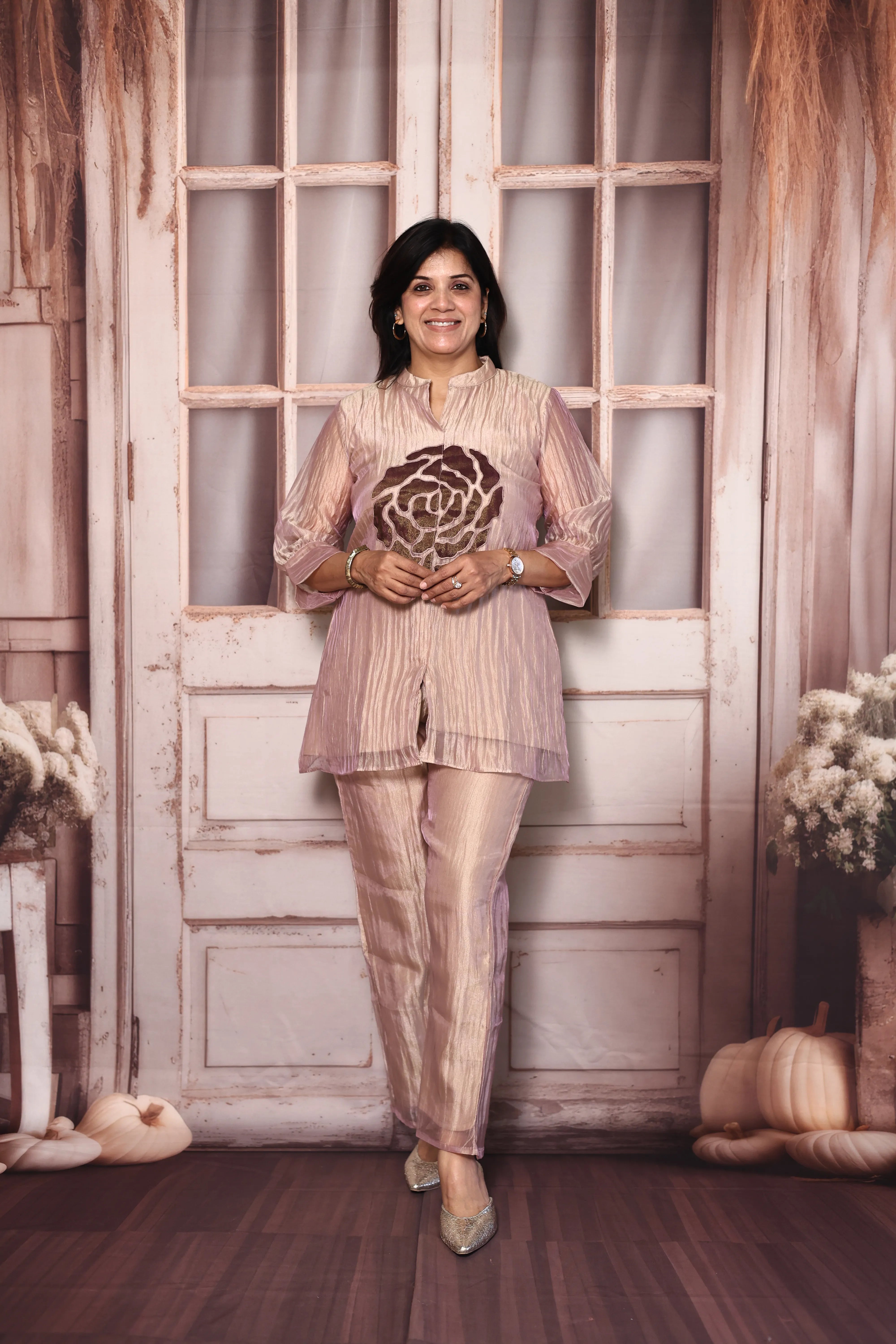 Light Peach Appliqué Work Short Kurti Co-Ord Set | Premium Tissue Crush Designer Wear