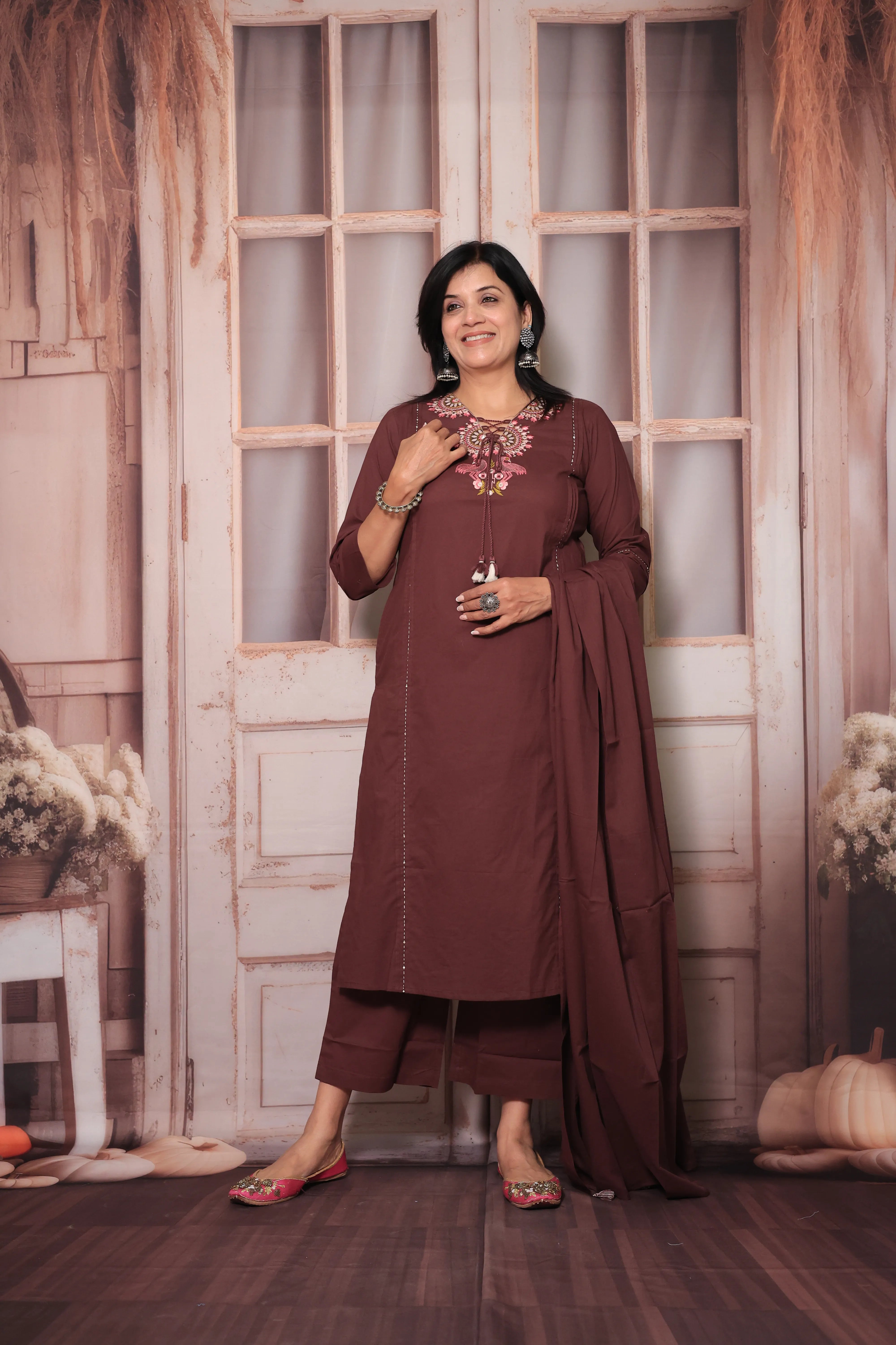 Athletic Maroon Floral Yoke Design Dupatta Set in Soft Cotton for Women