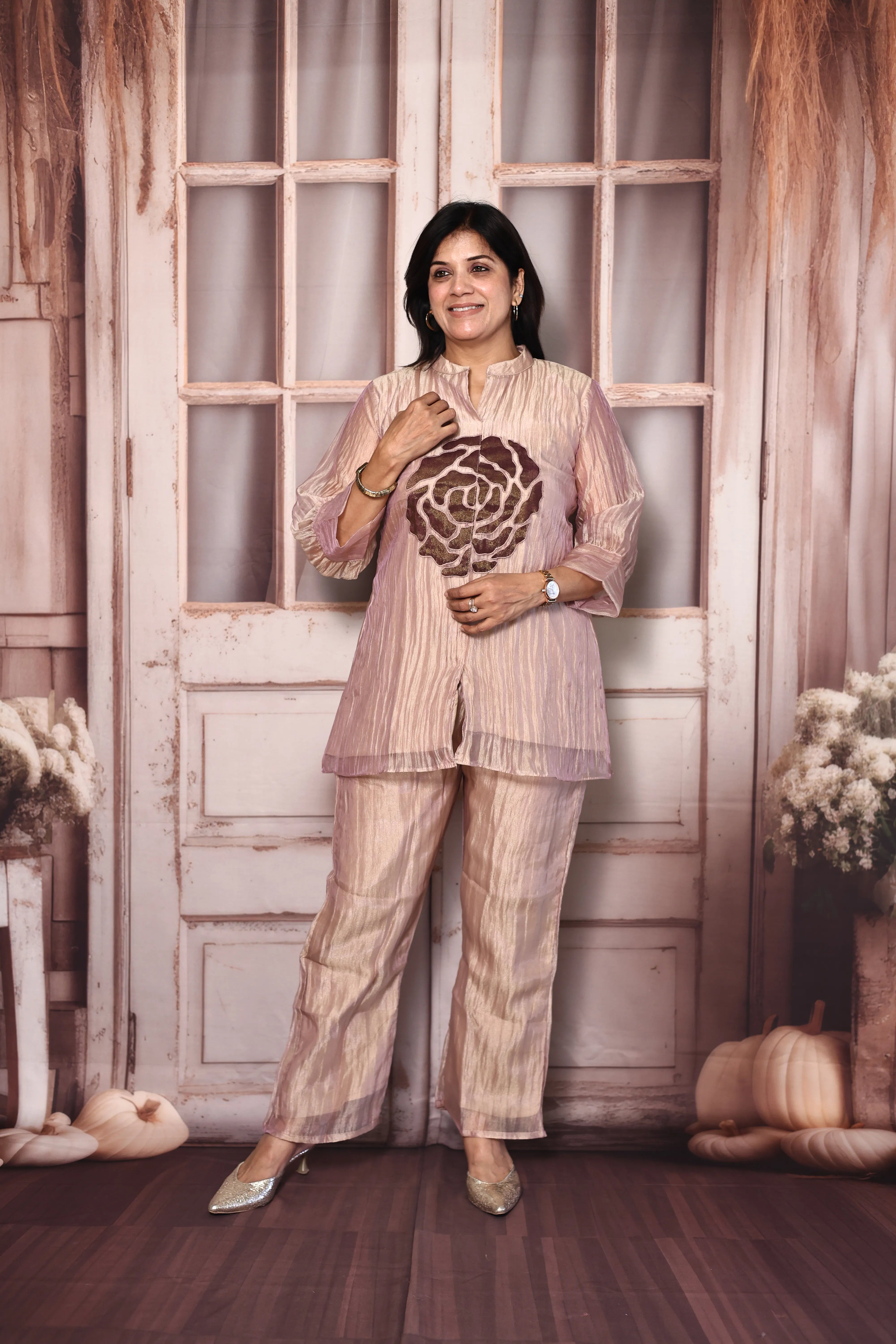 Light Peach Appliqué Work Short Kurti Co-Ord Set | Premium Tissue Crush Designer Wear