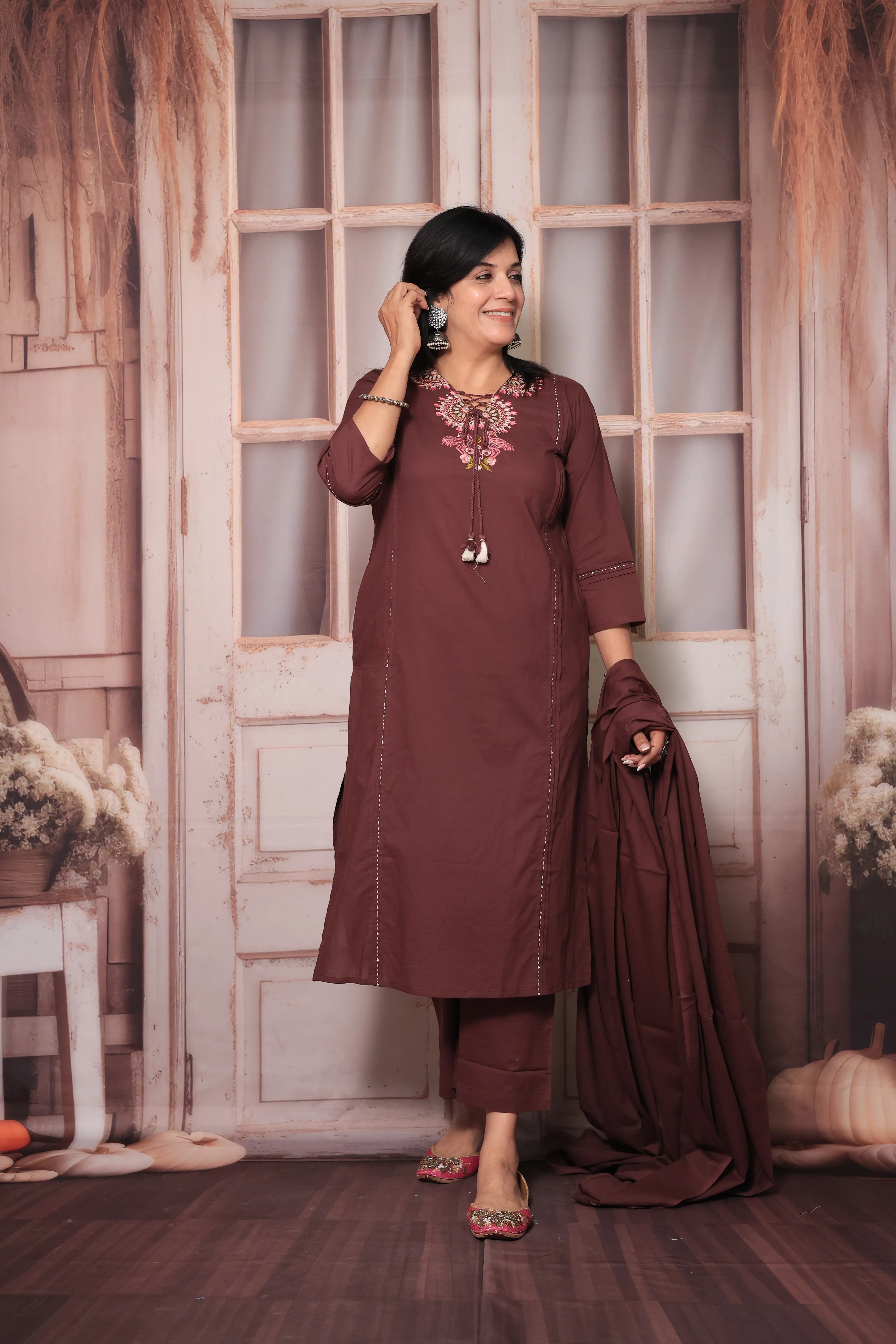 Athletic Maroon Floral Yoke Design Dupatta Set in Soft Cotton for Women