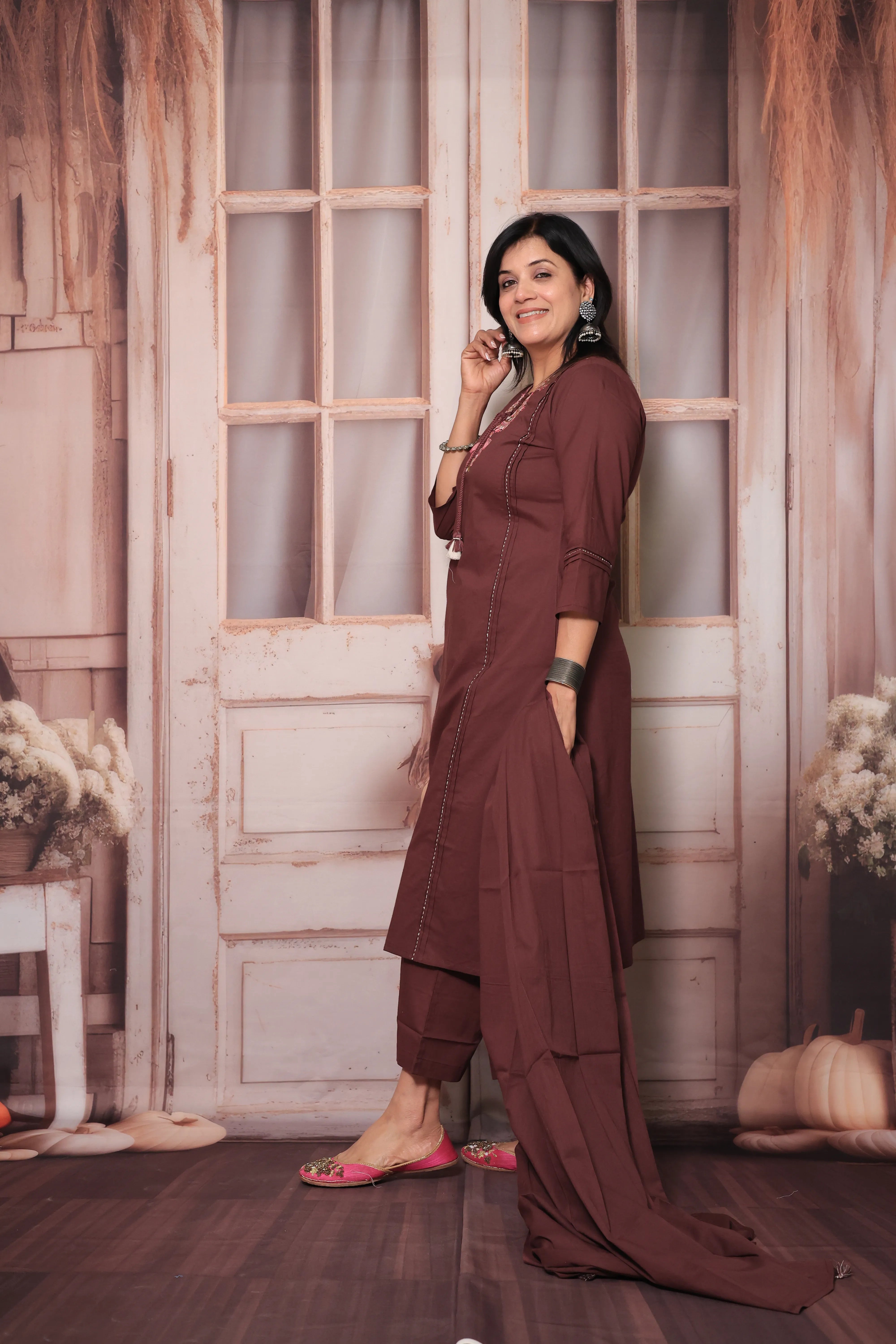 Athletic Maroon Floral Yoke Design Dupatta Set in Soft Cotton for Women