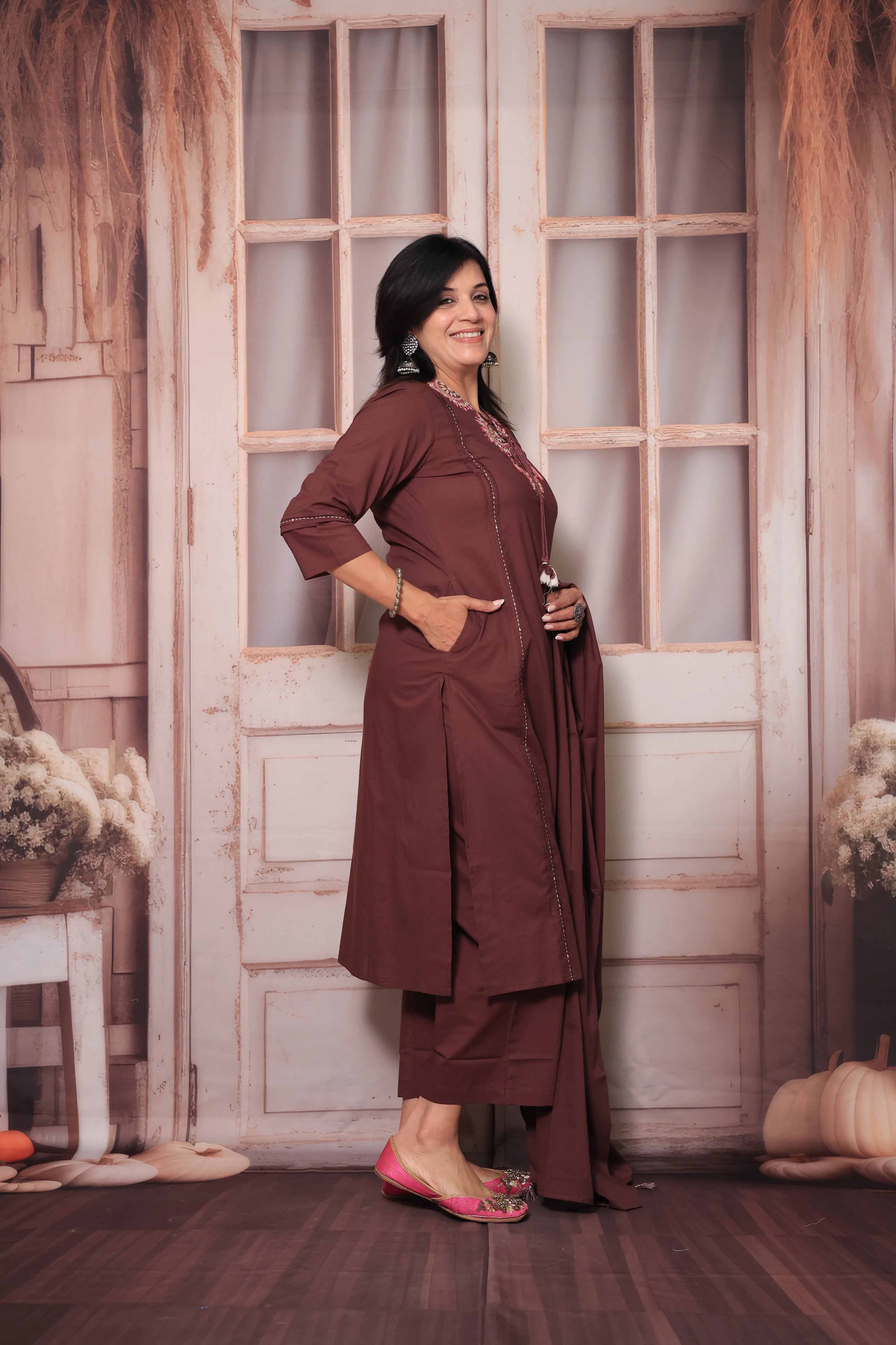 Athletic Maroon Floral Yoke Design Dupatta Set in Soft Cotton for Women