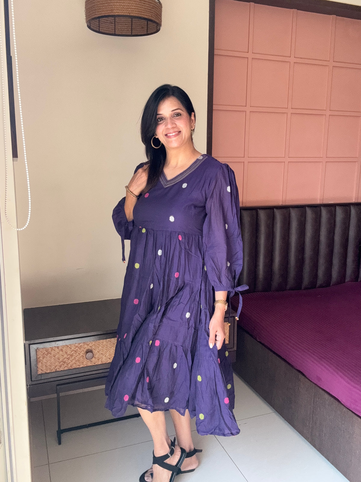 Dark Purple Polka Dot Work One-Piece Dress | Pure Mul Mul
