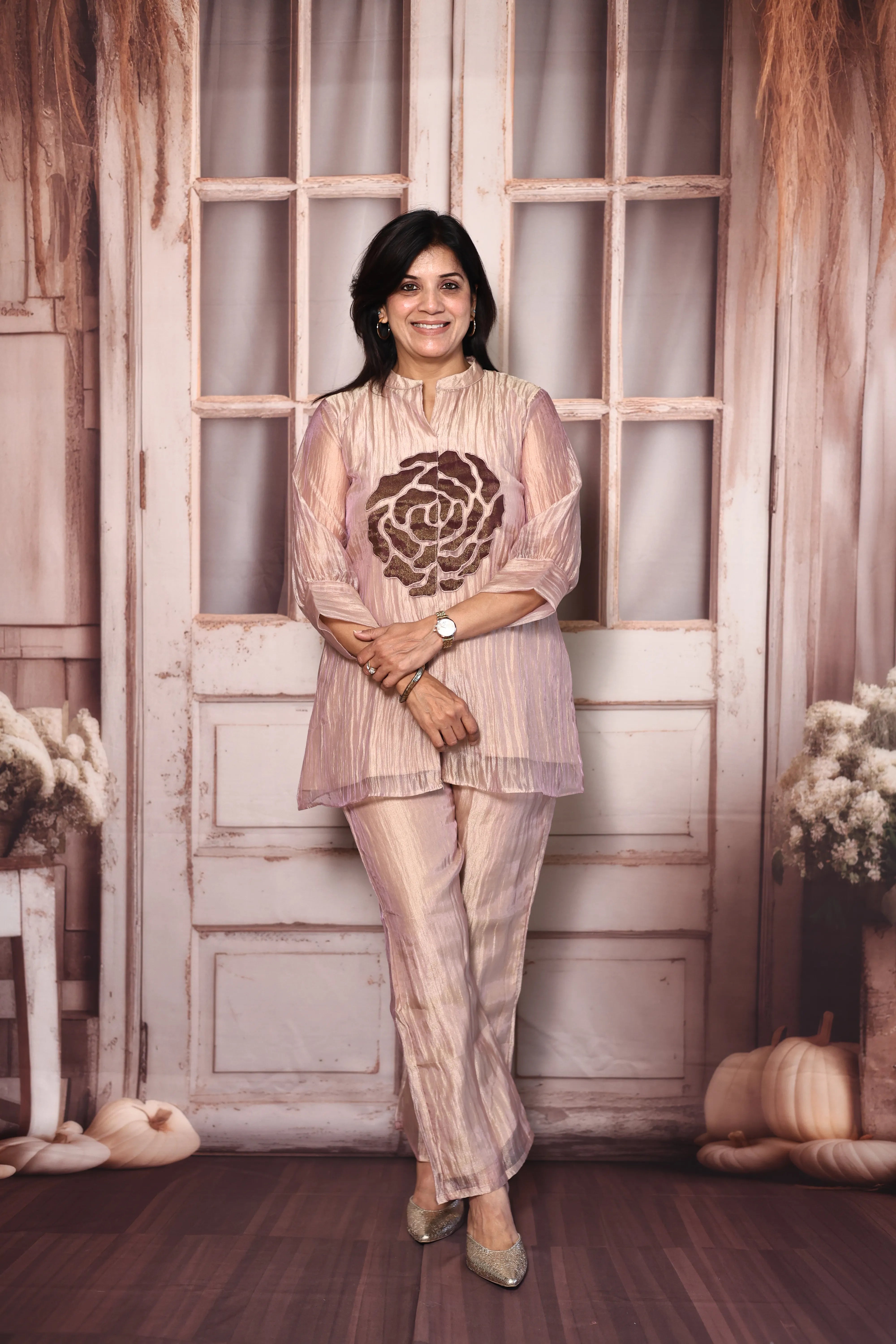 Light Peach Appliqué Work Short Kurti Co-Ord Set | Premium Tissue Crush Designer Wear