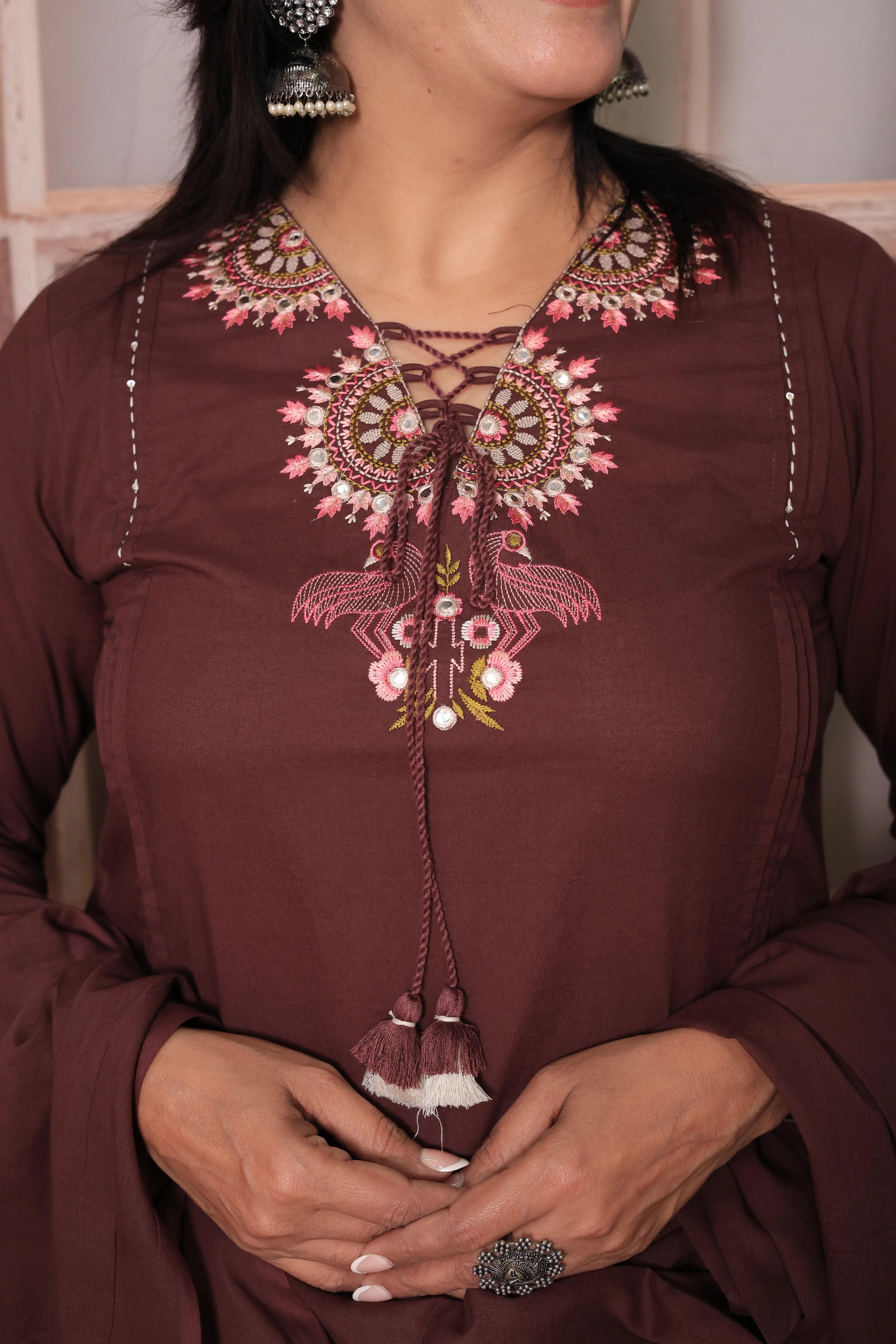 Athletic Maroon Floral Yoke Design Dupatta Set in Soft Cotton for Women