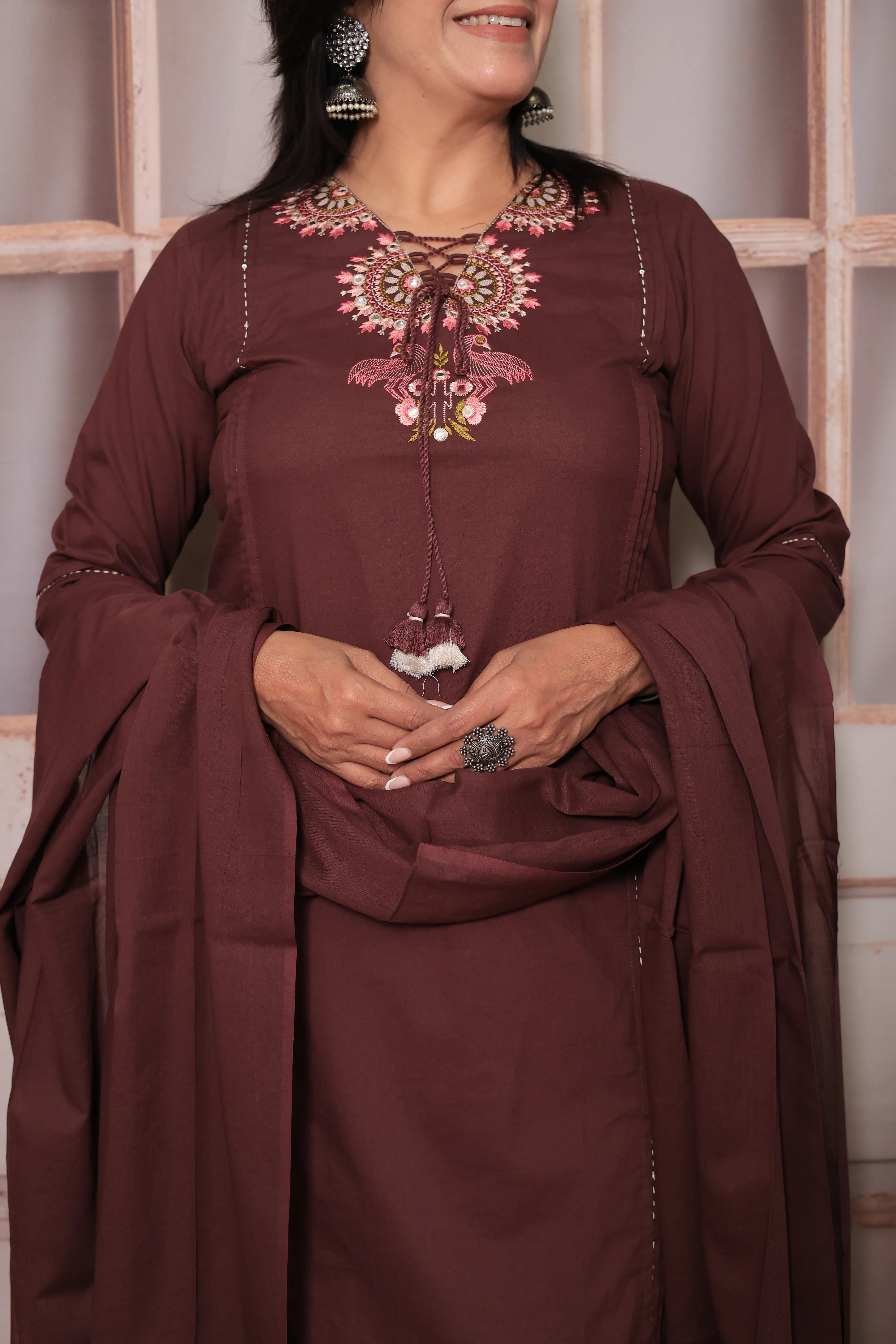 Athletic Maroon Floral Yoke Design Dupatta Set in Soft Cotton for Women