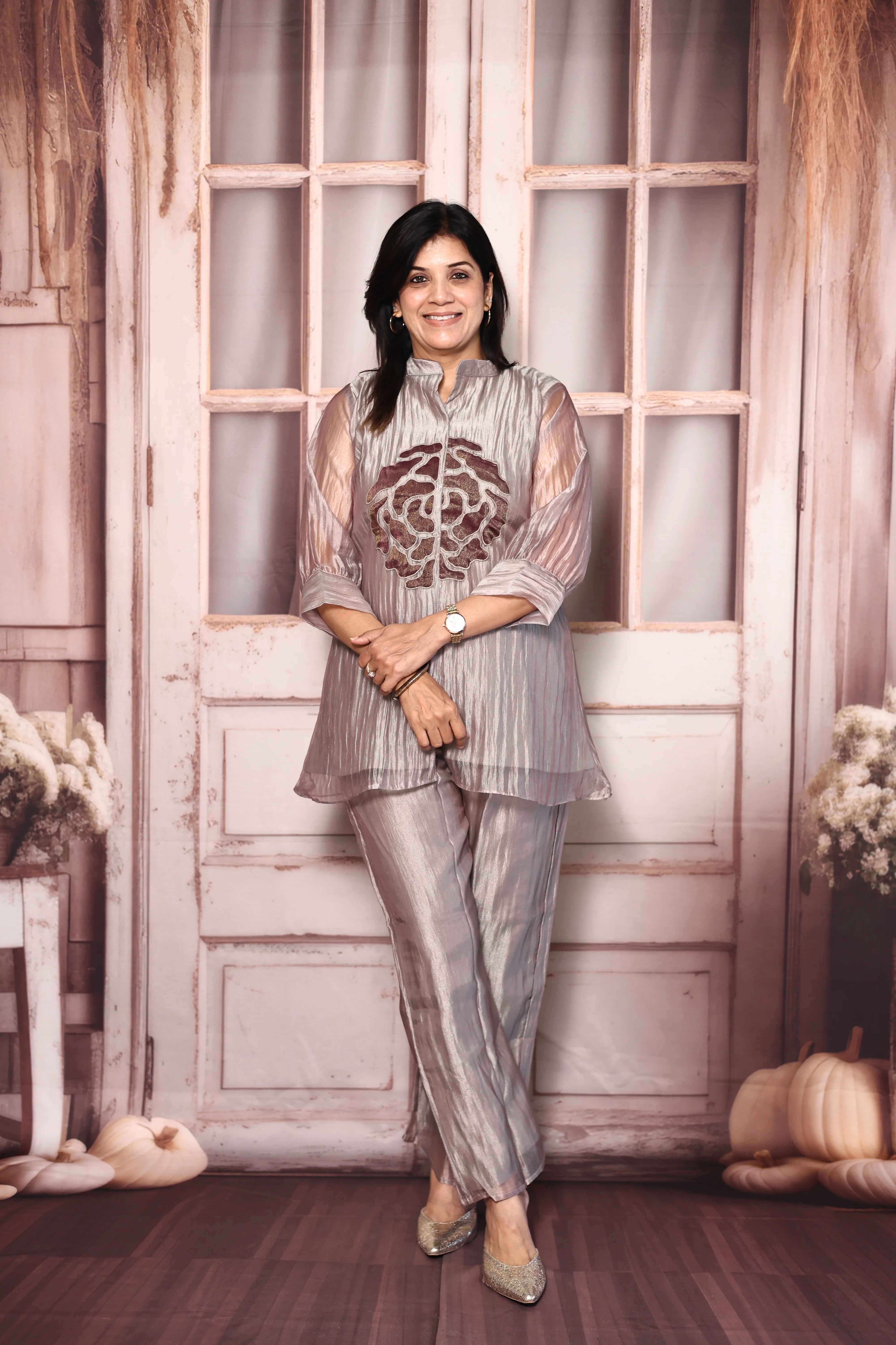 Grey Appliqué Work Short Kurti Co-Ord Set | Premium Tissue Crush Designer Wear