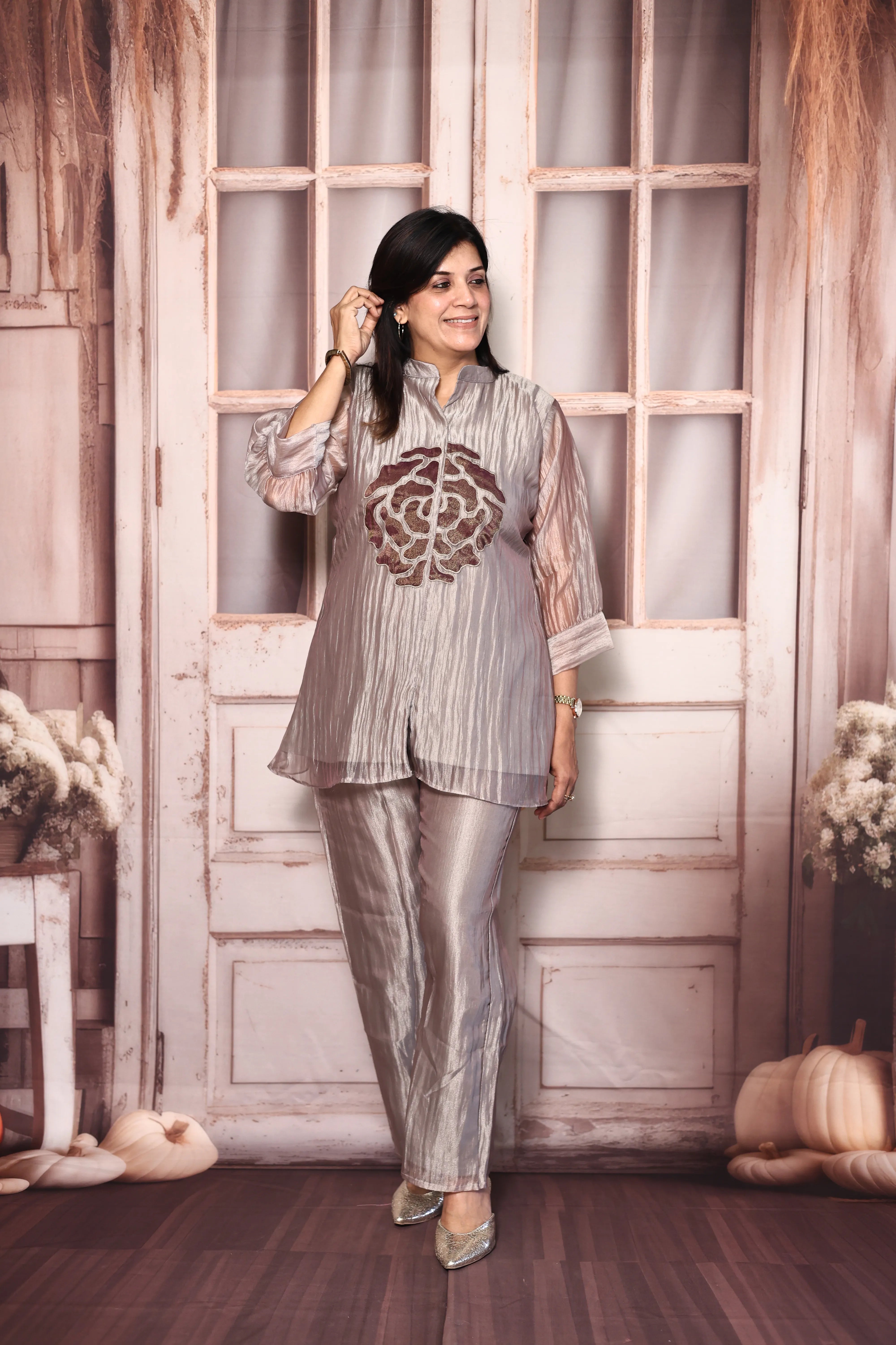 Grey Appliqué Work Short Kurti Co-Ord Set | Premium Tissue Crush Designer Wear
