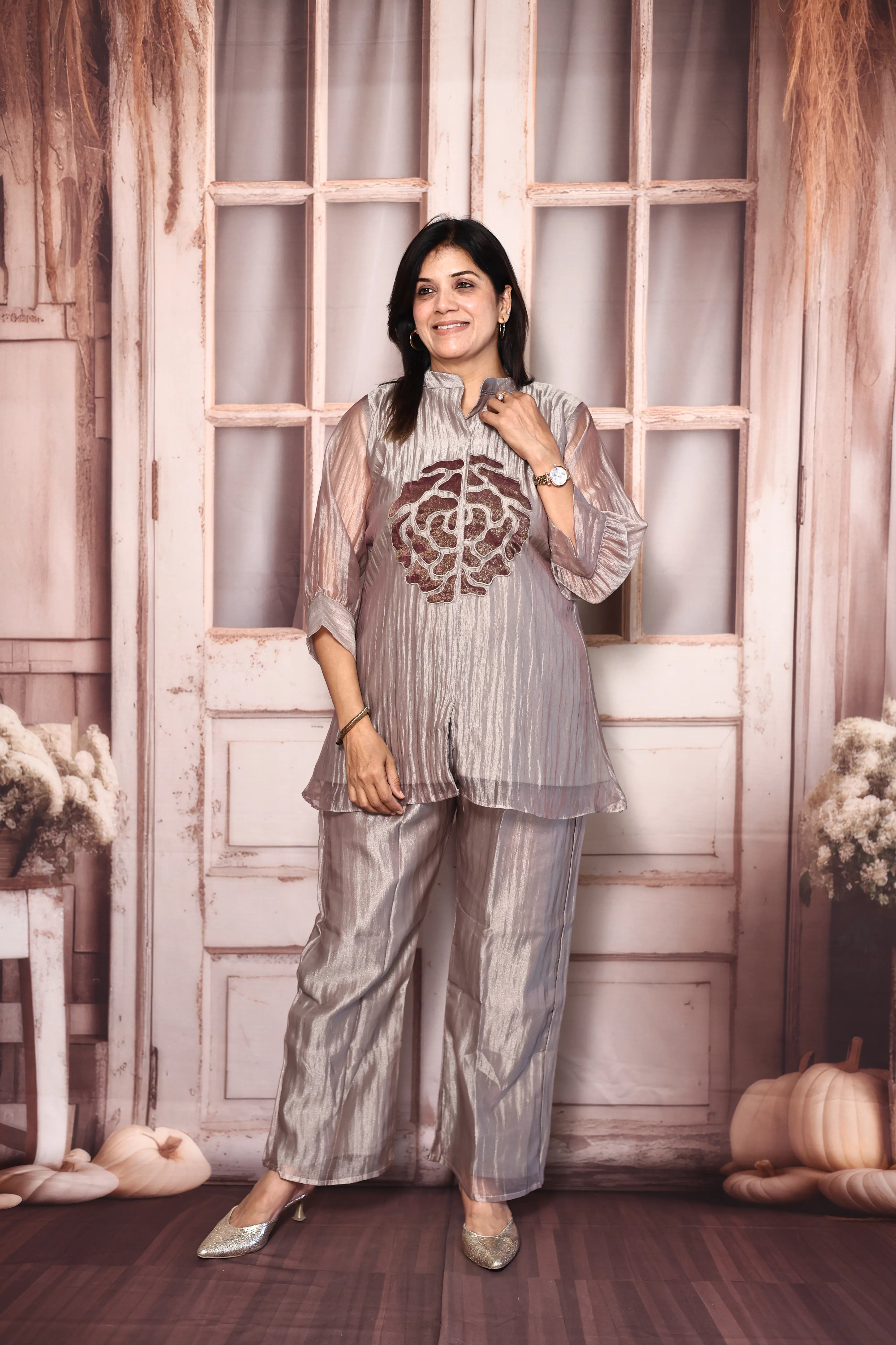 Grey Appliqué Work Short Kurti Co-Ord Set | Premium Tissue Crush Designer Wear