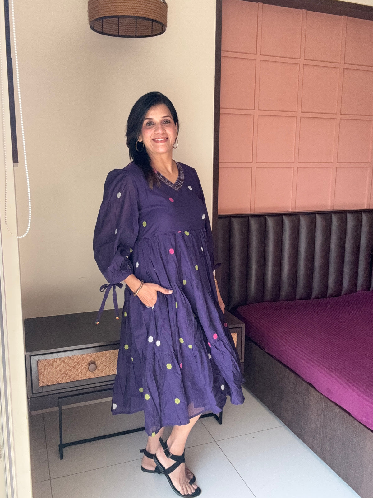 Dark Purple Polka Dot Work One-Piece Dress | Pure Mul Mul