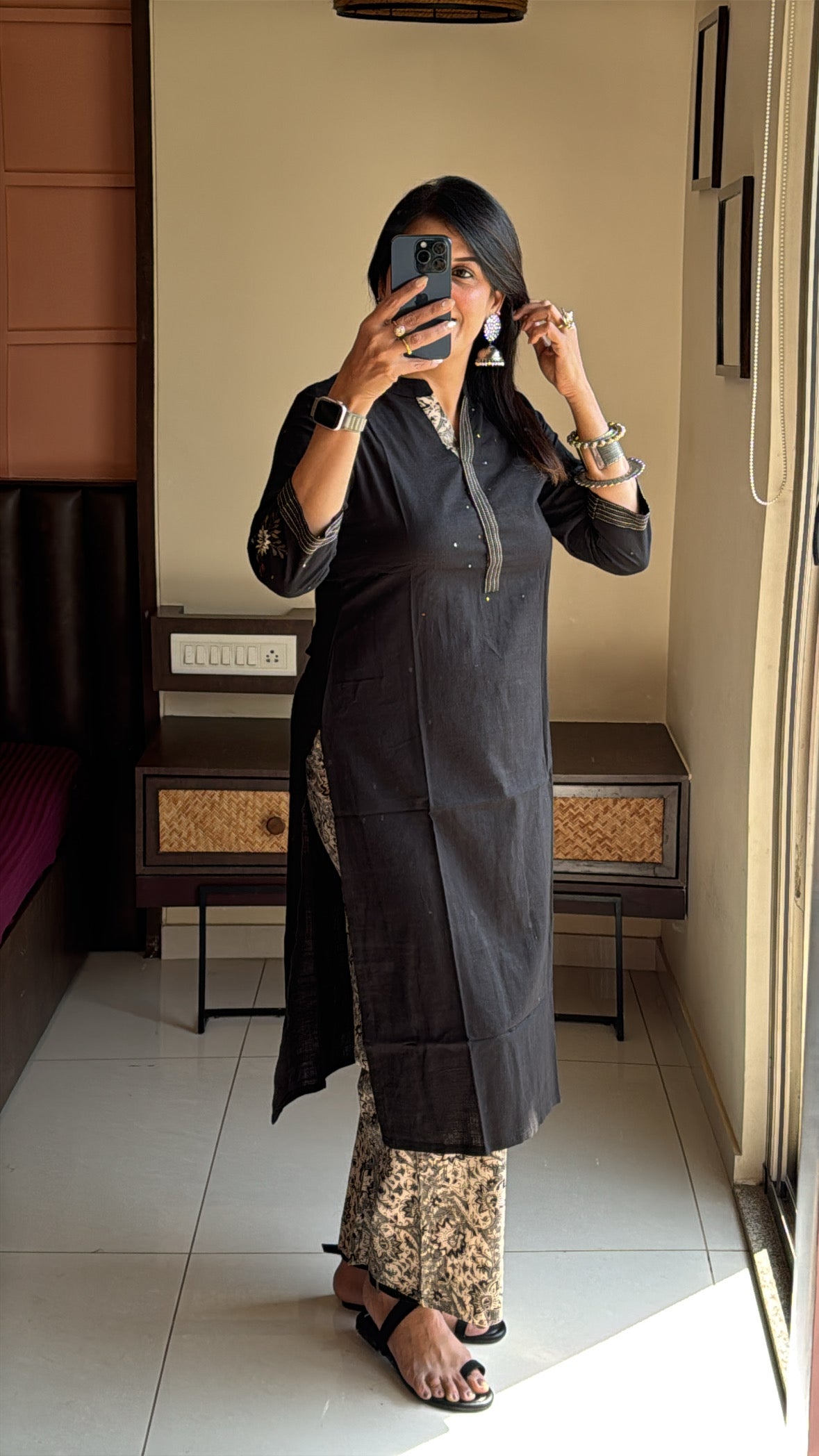 Black - Straight Kurta with Kalamkari Print Palazzo Set ( PLUS SIZE )