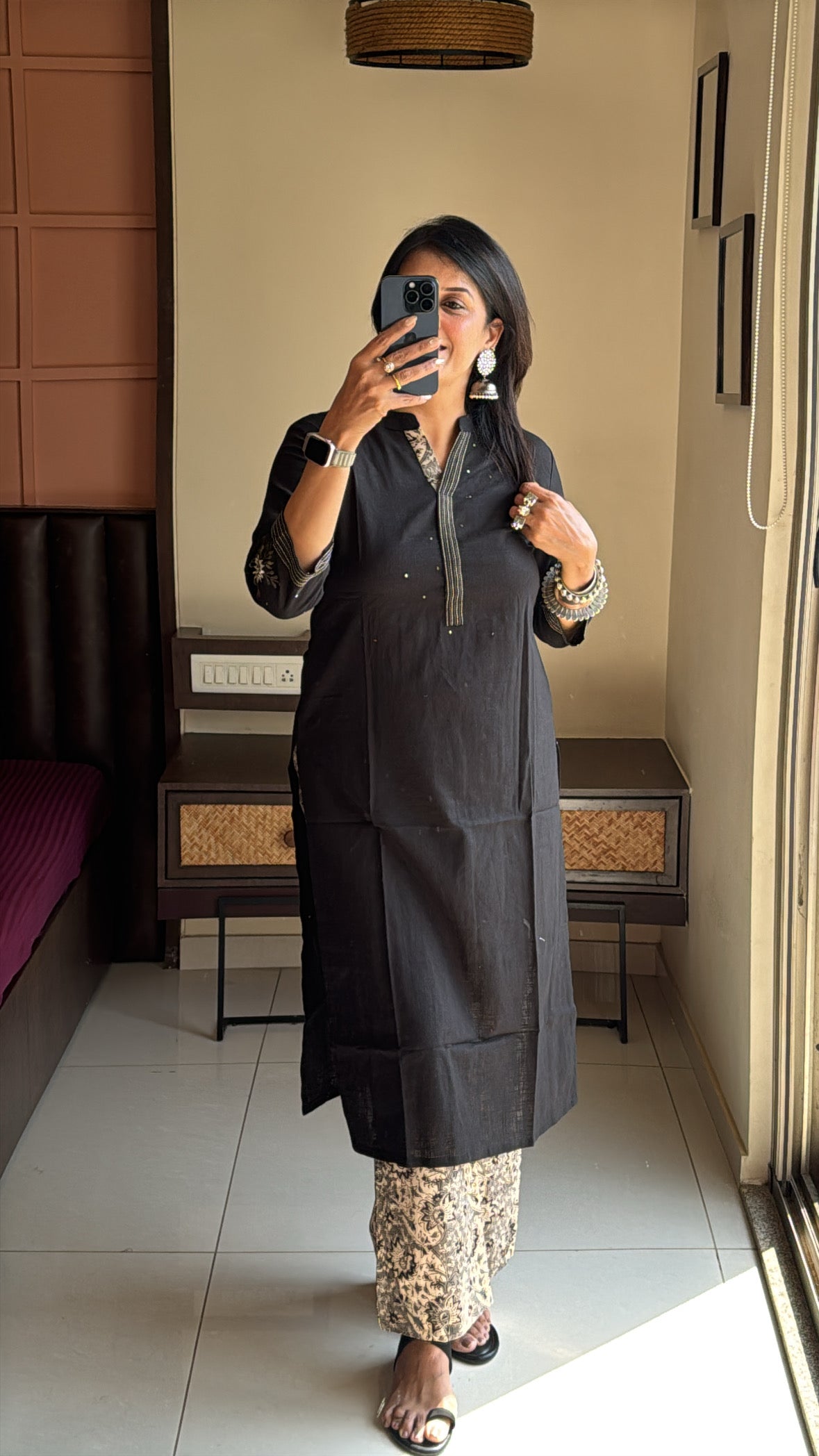 Black - Straight Kurta with Kalamkari Print Palazzo Set ( PLUS SIZE )