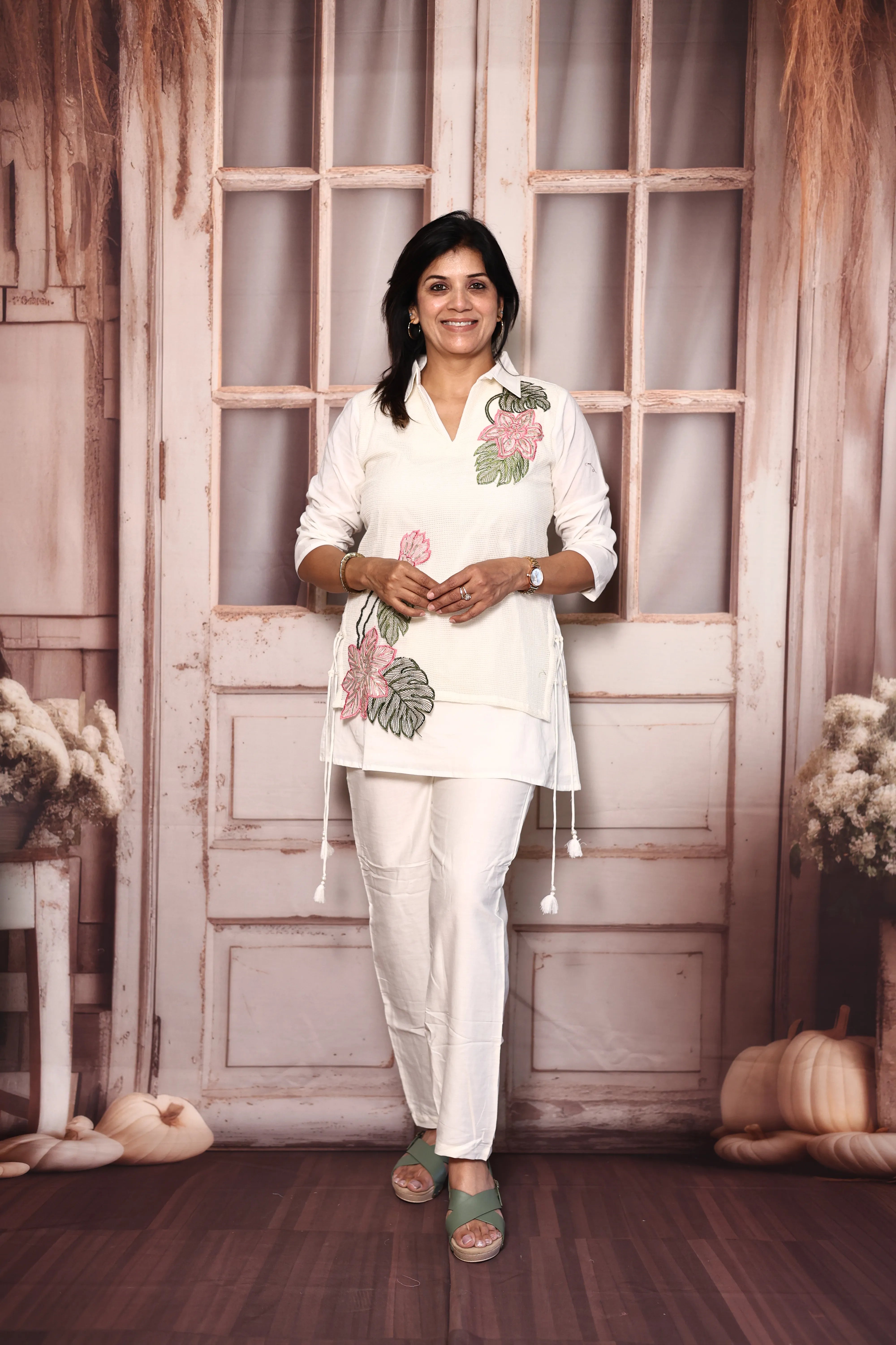 Off White Shirt with Attached Jacket Style Co-Ord Set | Thread Cut Work | Pure Mul Mul