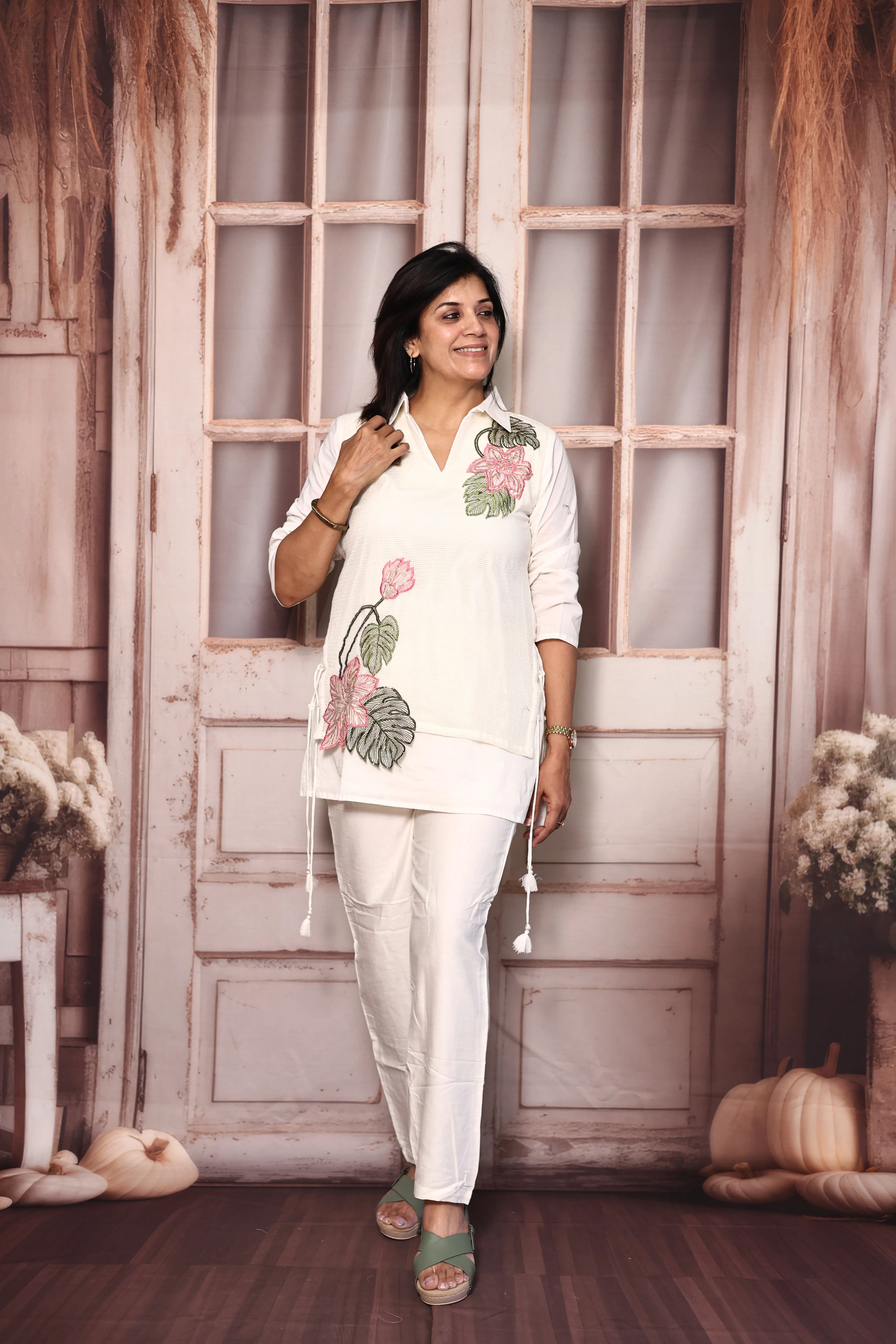 Off White Shirt with Attached Jacket Style Co-Ord Set | Thread Cut Work | Pure Mul Mul