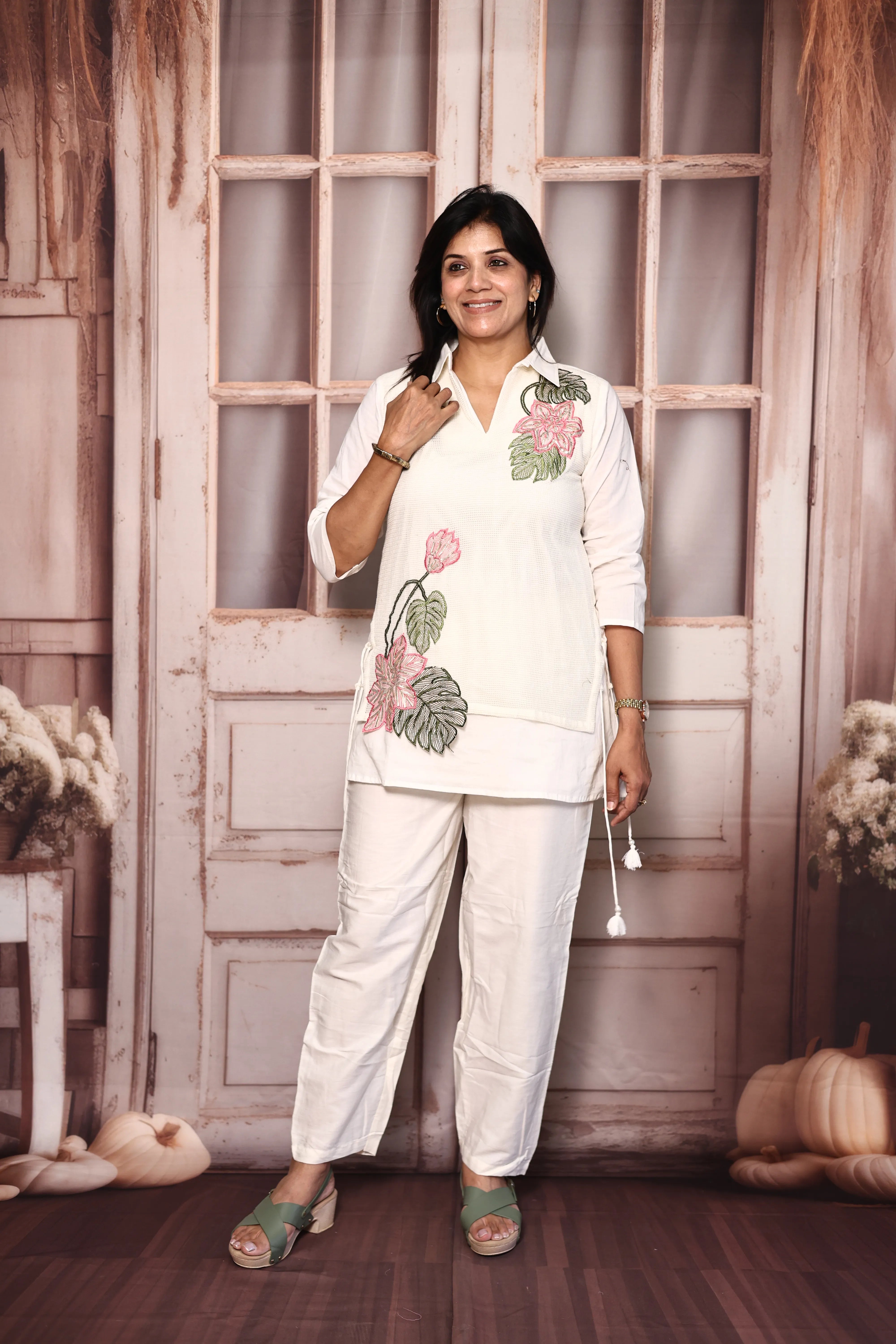 Off White Shirt with Attached Jacket Style Co-Ord Set | Thread Cut Work | Pure Mul Mul