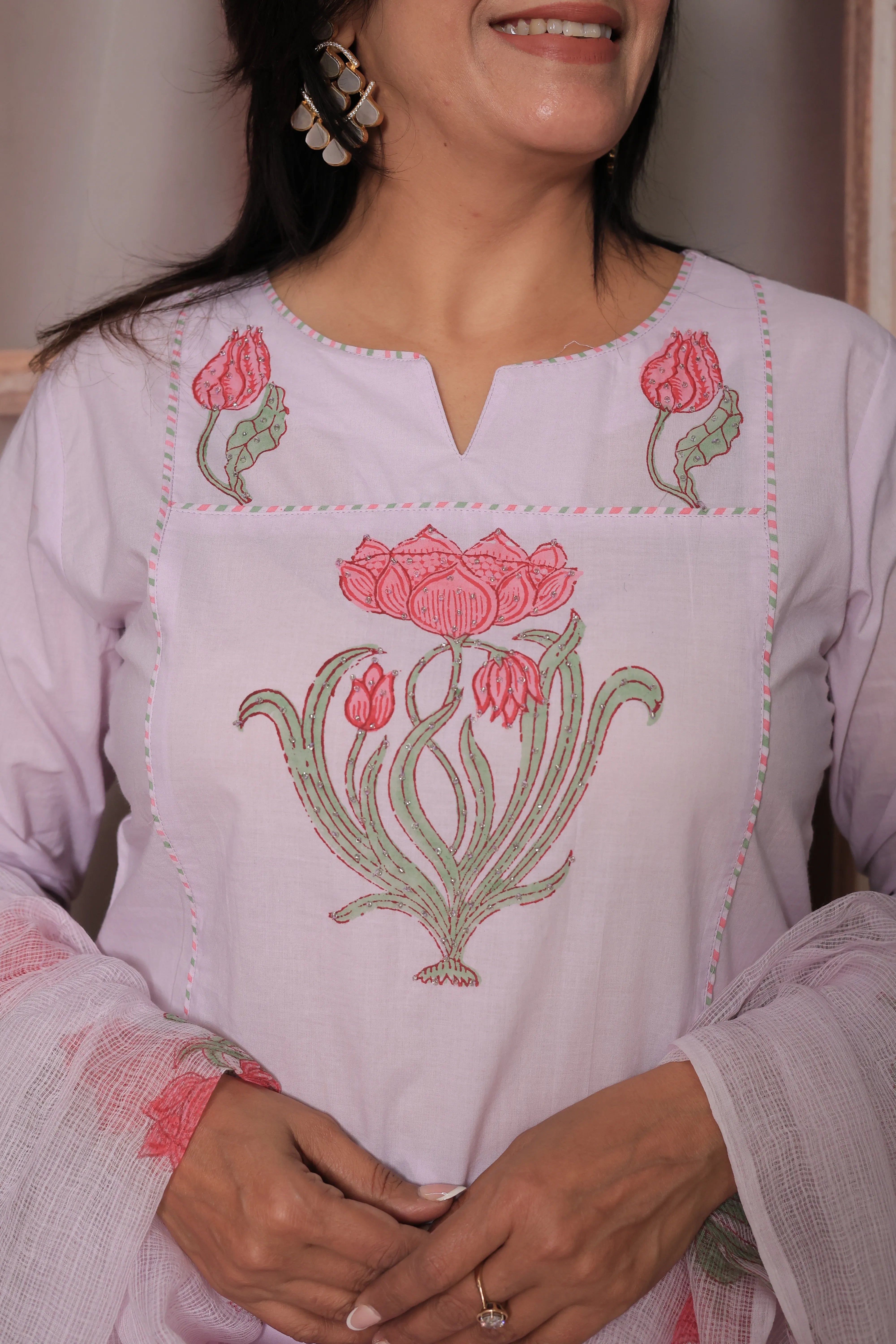 Light Lavender Kurta Pant Set with Dupatta | Pearl Work & Floral Print