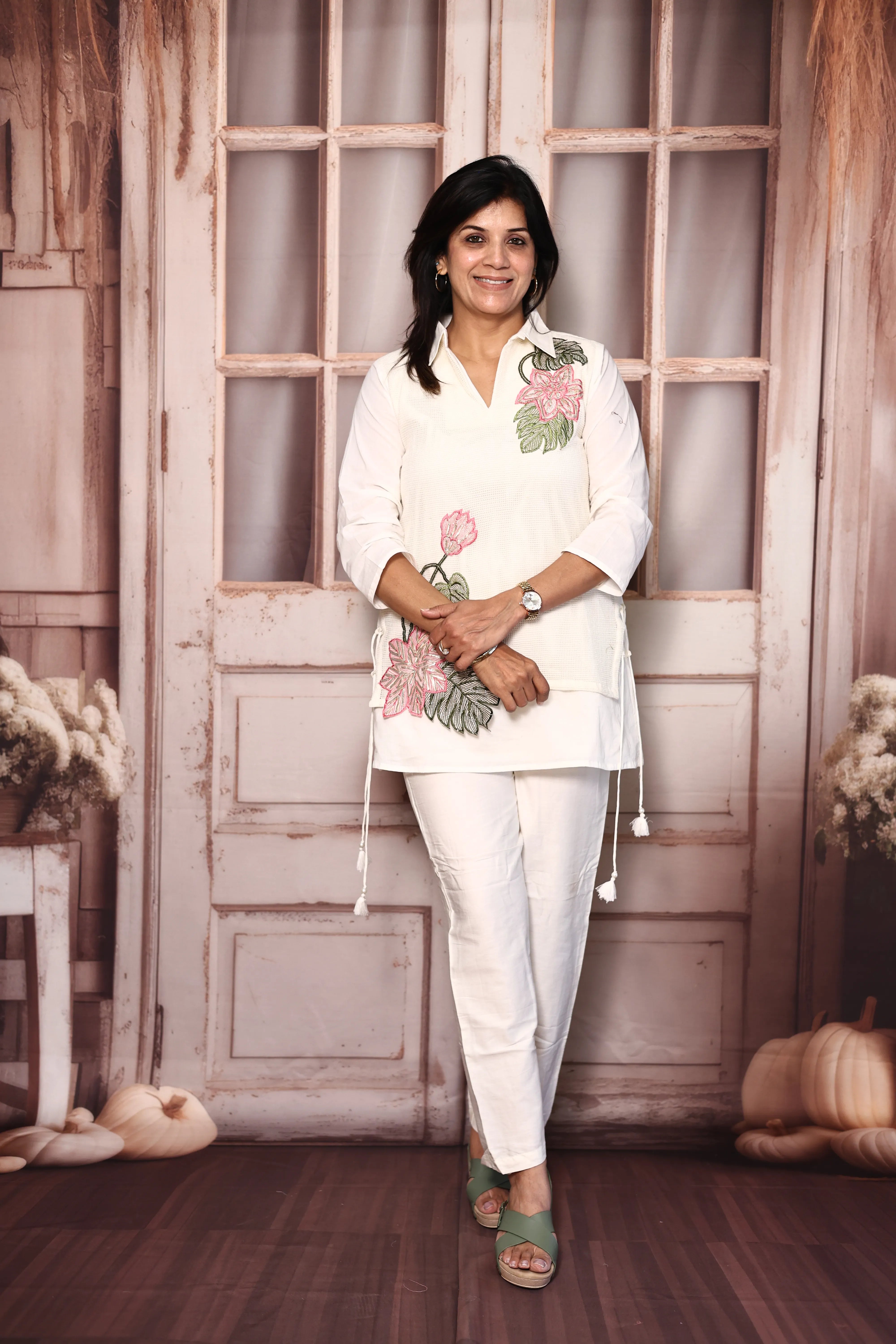 Off White Shirt with Attached Jacket Style Co-Ord Set | Thread Cut Work | Pure Mul Mul