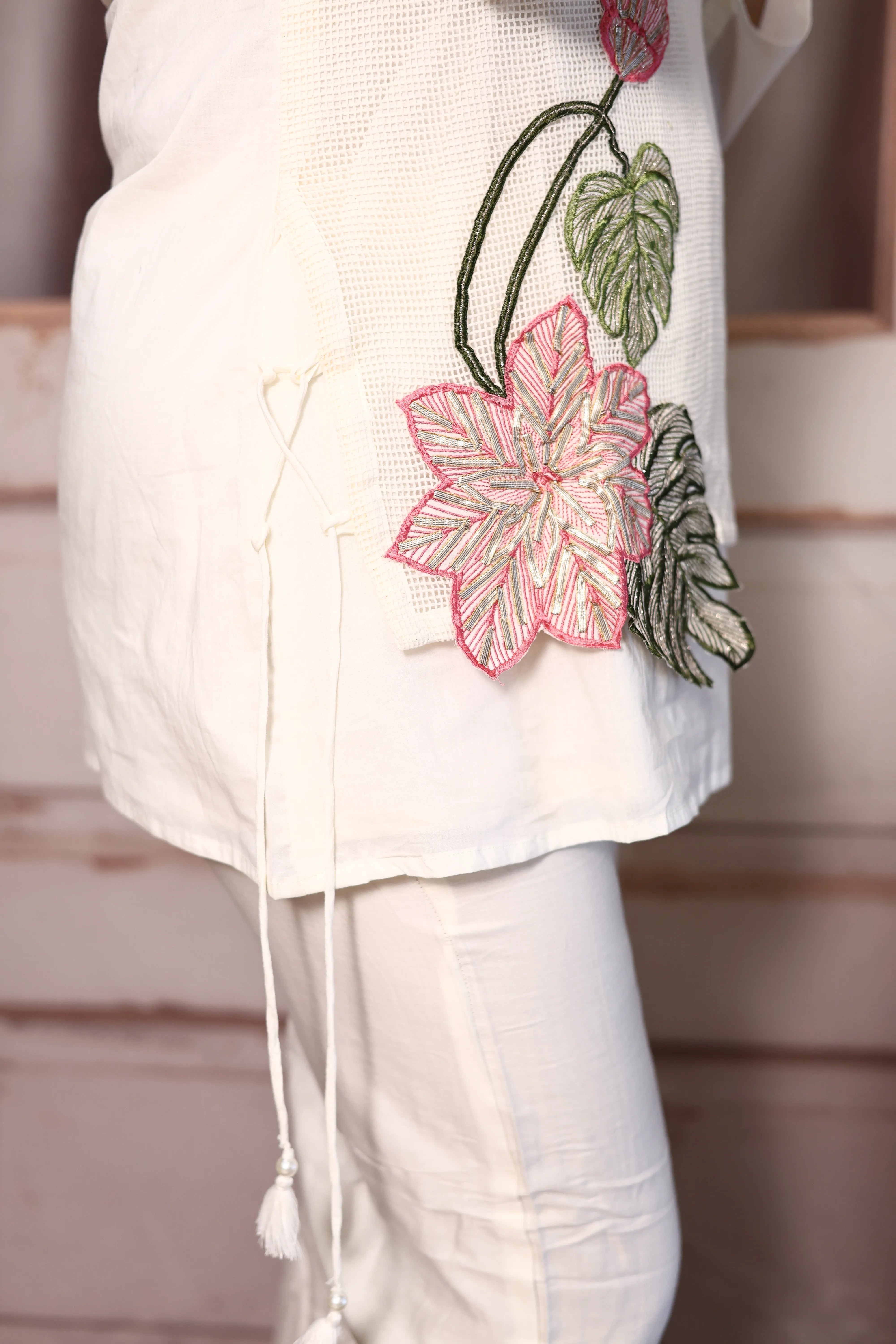 Off White Shirt with Attached Jacket Style Co-Ord Set | Thread Cut Work | Pure Mul Mul