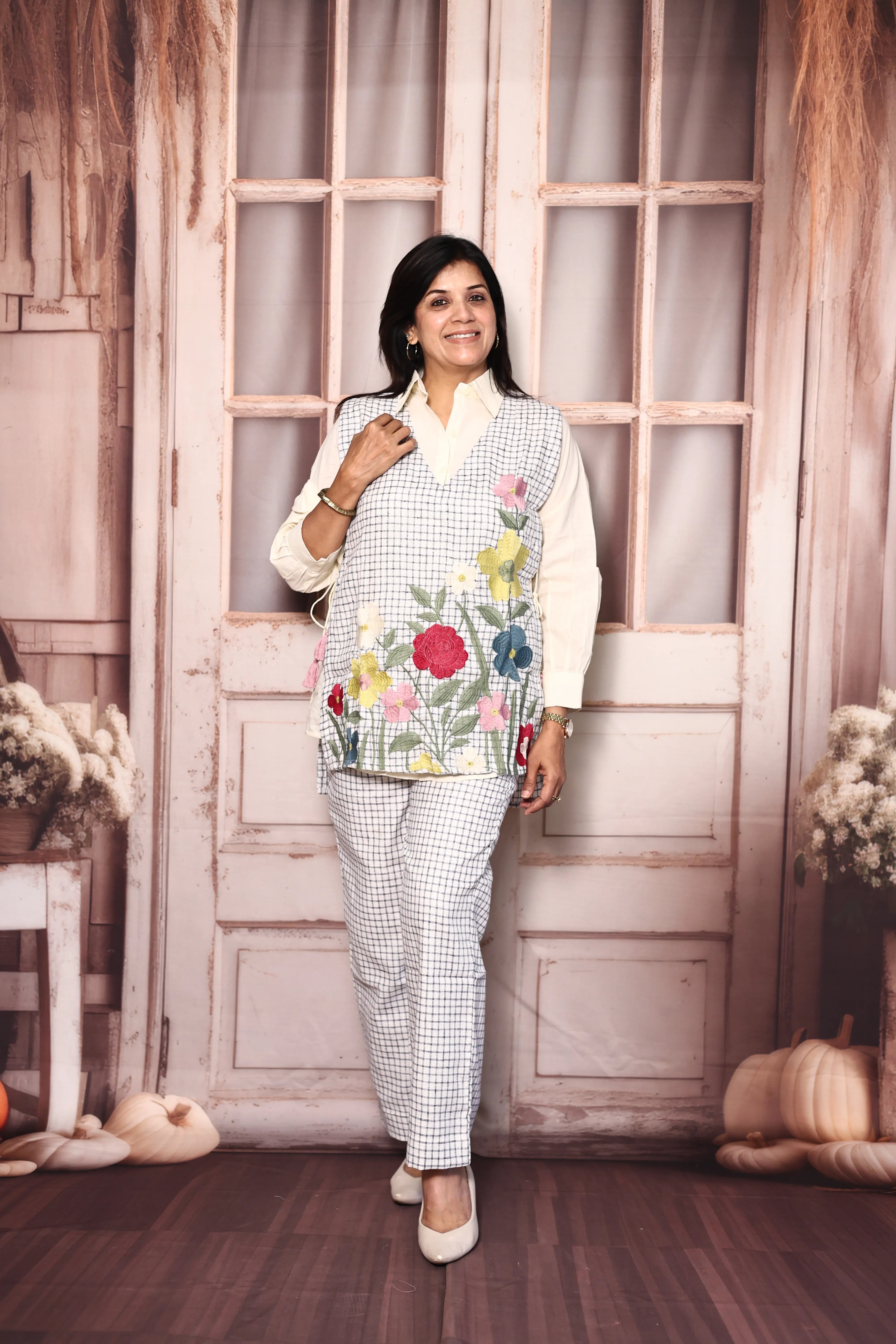Off White Shirt with Checked Pant & Stylish Jacket Co-Ord Set | Cotton & Jute Designer Wear