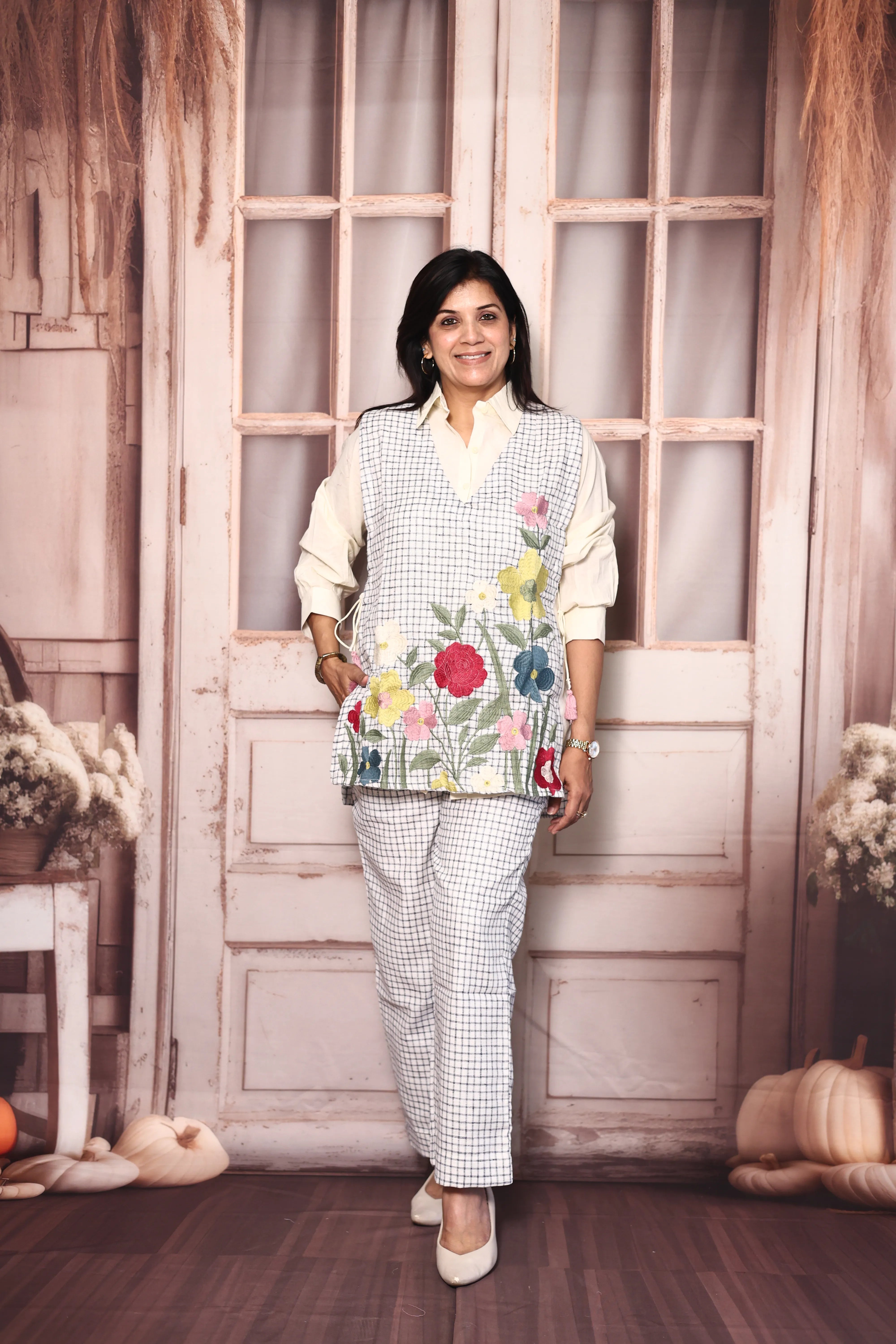 Off White Shirt with Checked Pant & Stylish Jacket Co-Ord Set | Cotton & Jute Designer Wear