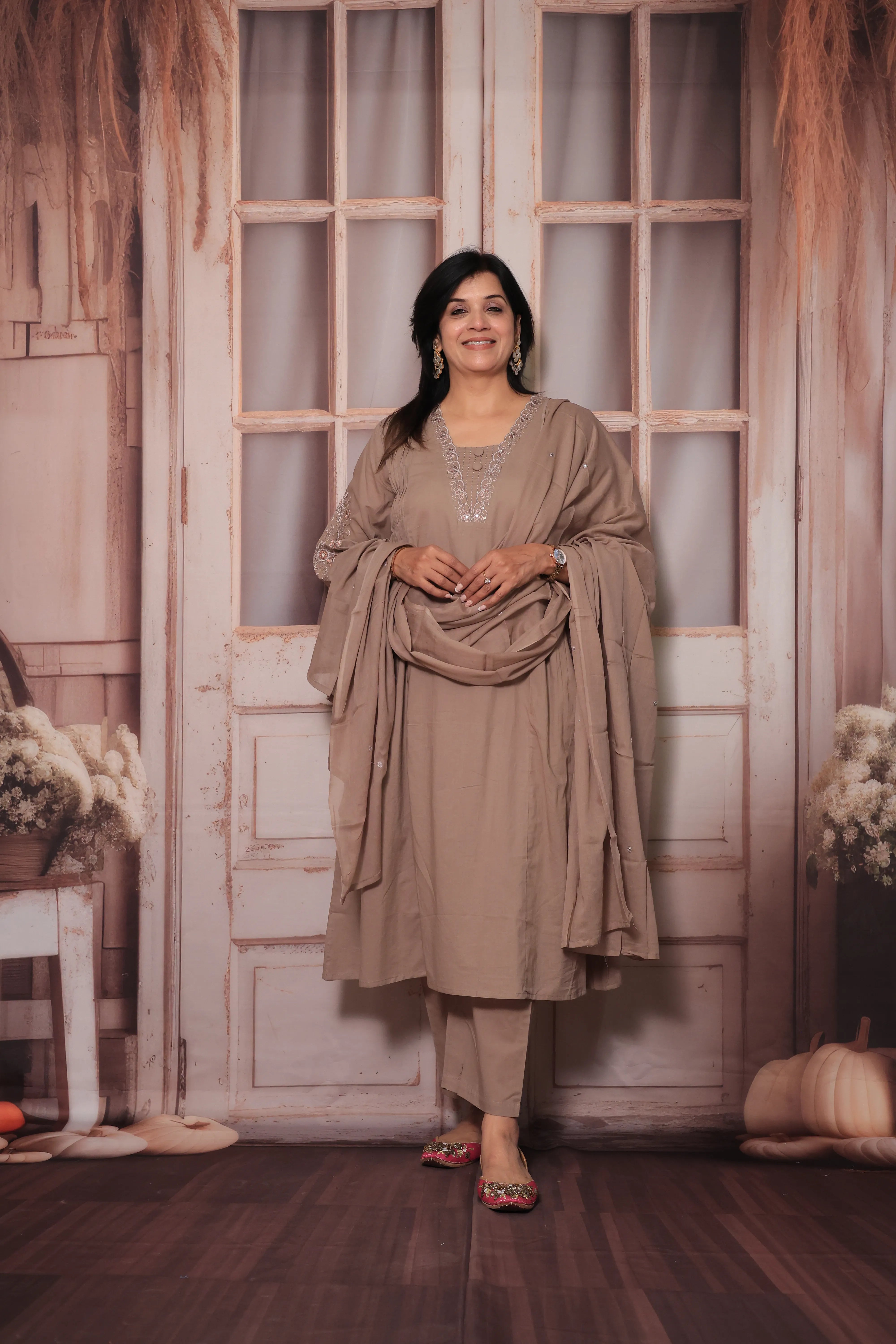 Dusty Brown A-Line Dupatta Set | Soft Cotton with Sequins Thread Embroidery for Women