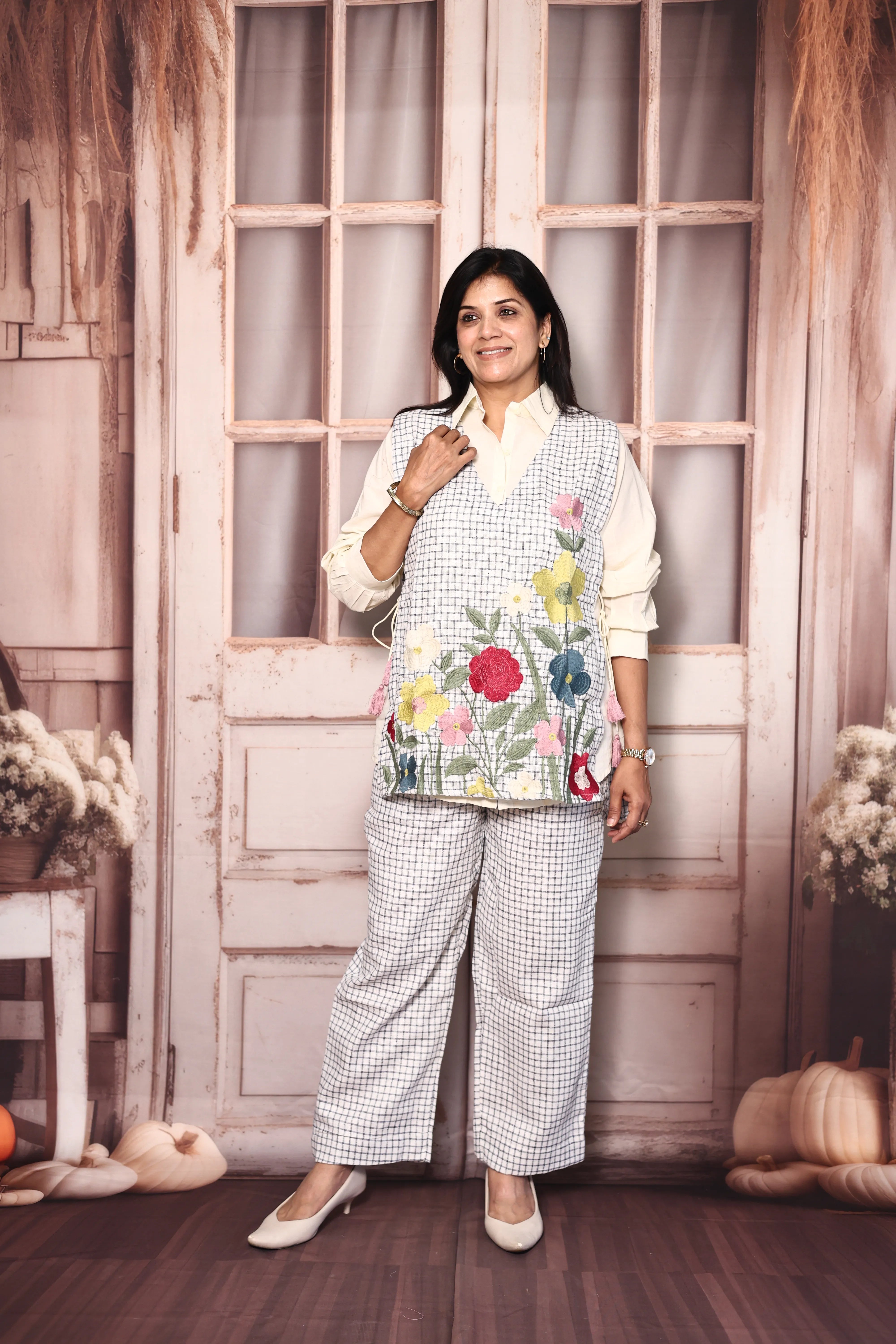 Off White Shirt with Checked Pant & Stylish Jacket Co-Ord Set | Cotton & Jute Designer Wear