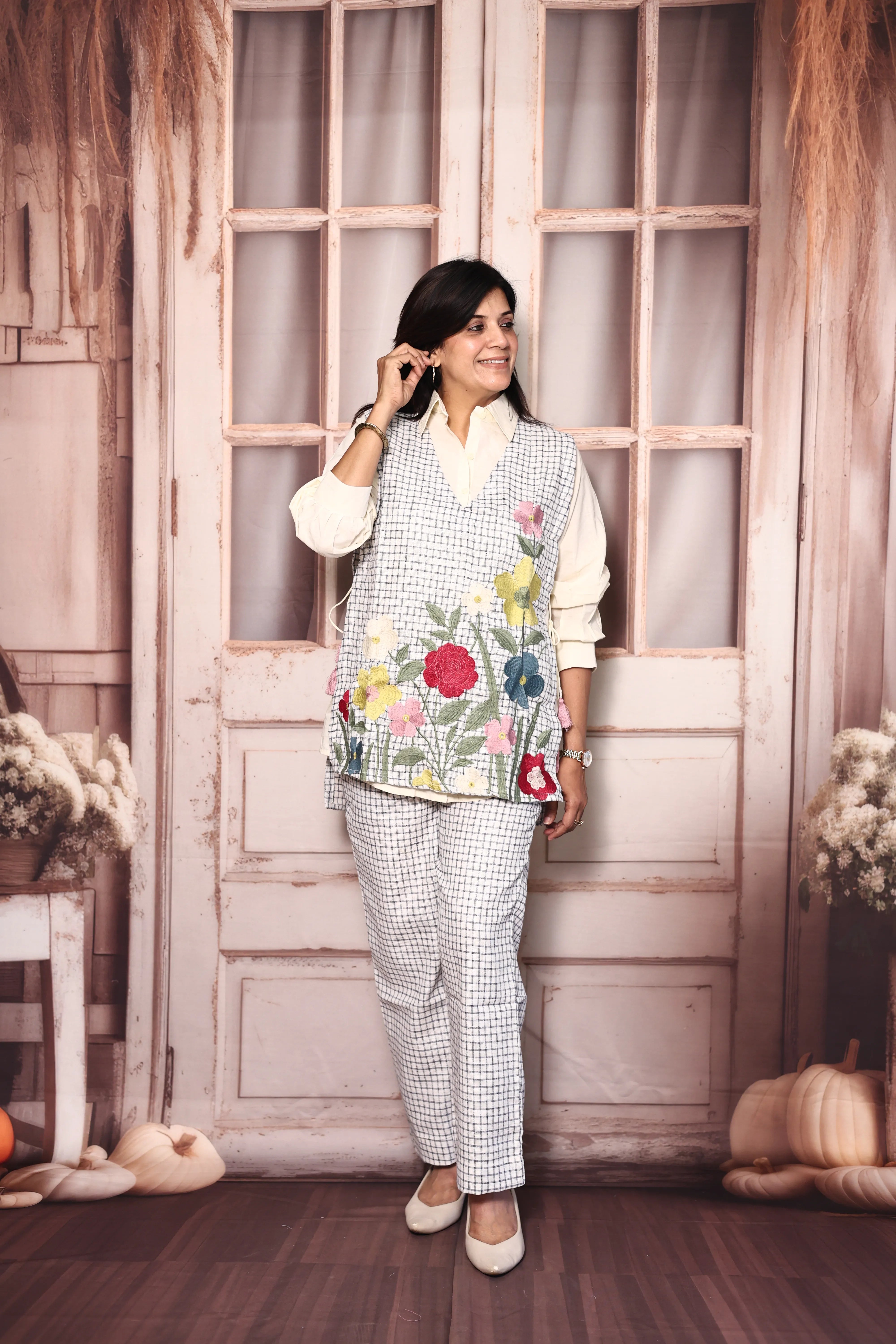 Off White Shirt with Checked Pant & Stylish Jacket Co-Ord Set | Cotton & Jute Designer Wear