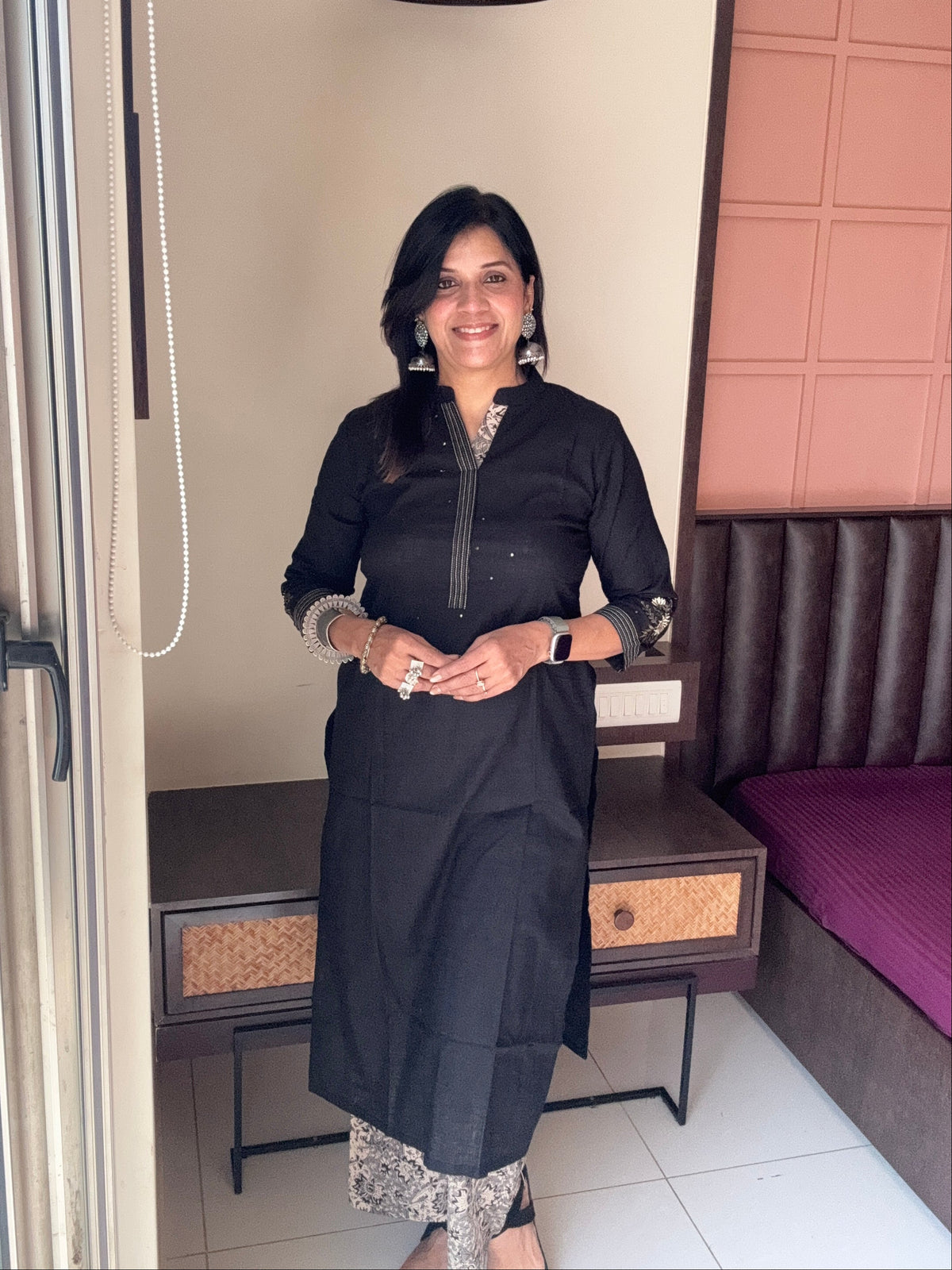 Black - Straight Kurta with Kalamkari Print Palazzo Set ( PLUS SIZE )