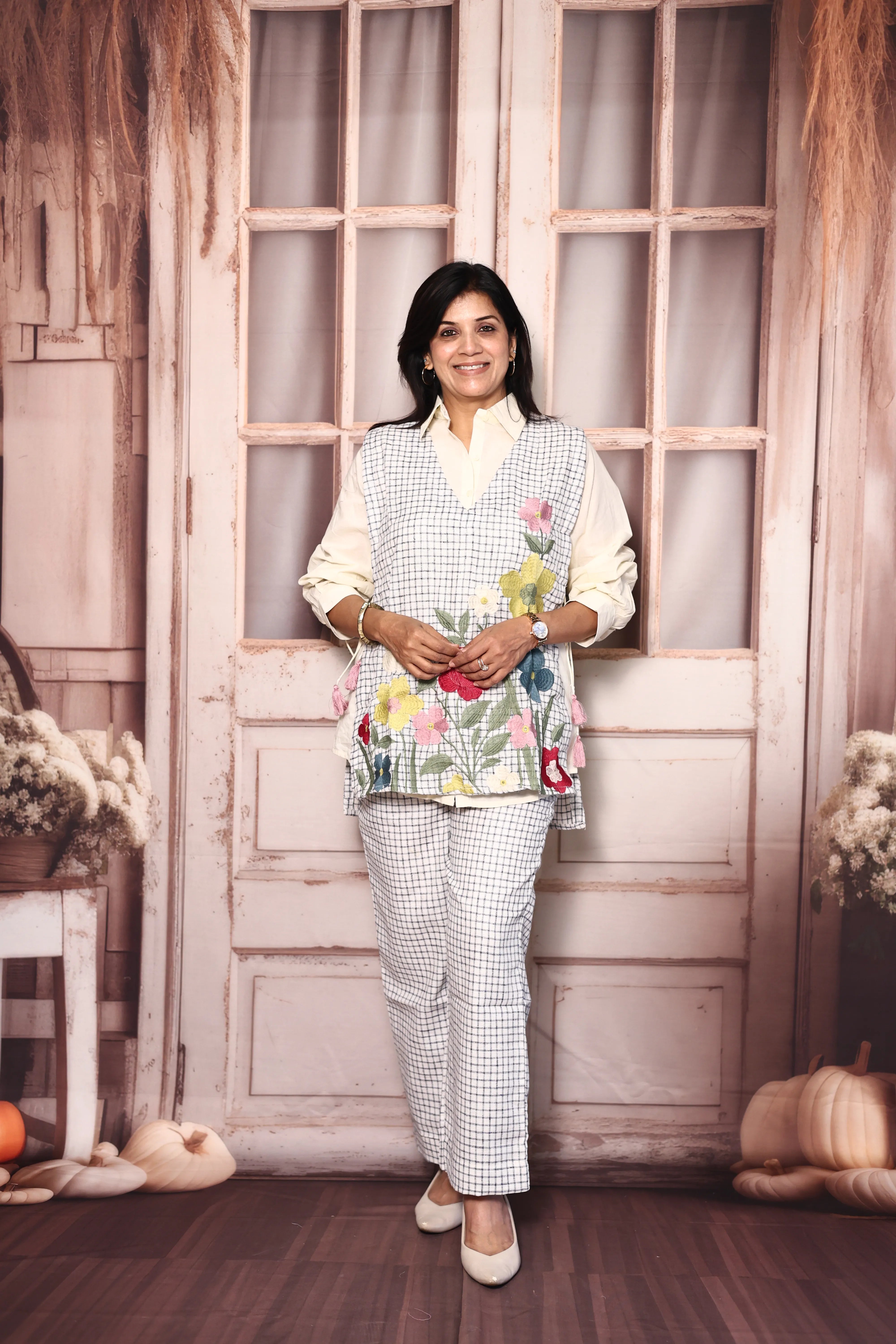 Off White Shirt with Checked Pant & Stylish Jacket Co-Ord Set | Cotton & Jute Designer Wear
