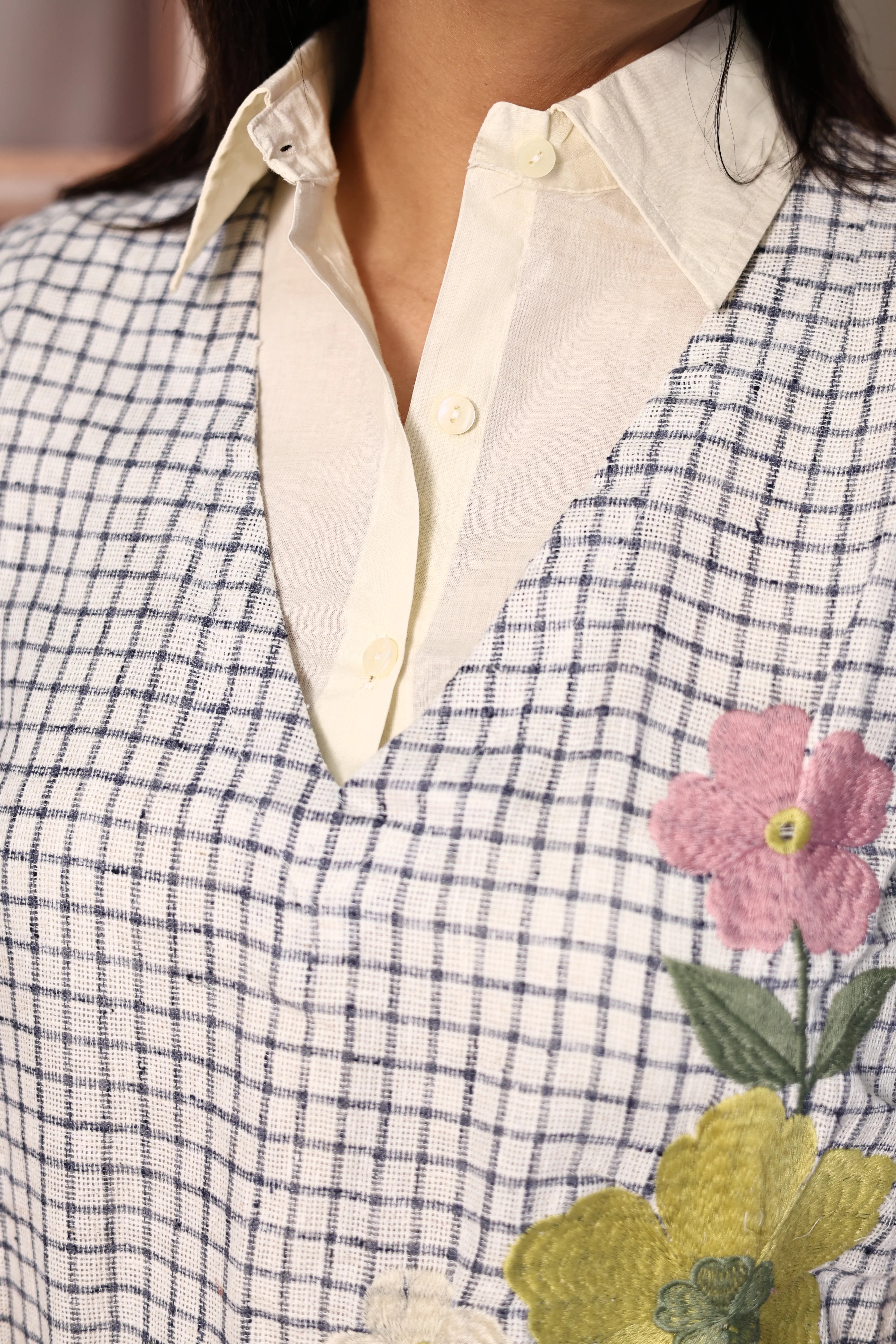 Off White Shirt with Checked Pant & Stylish Jacket Co-Ord Set | Cotton & Jute Designer Wear