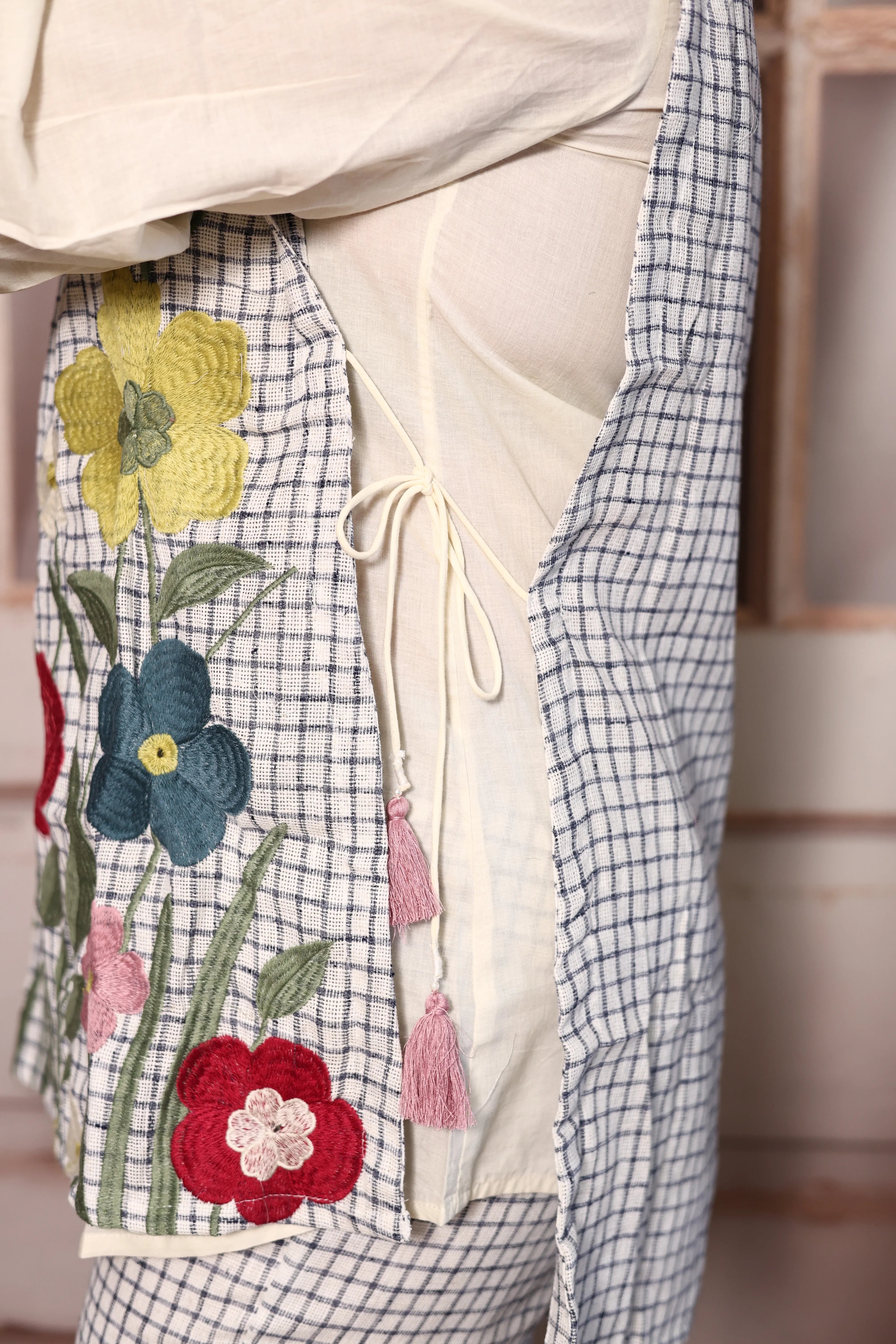 Off White Shirt with Checked Pant & Stylish Jacket Co-Ord Set | Cotton & Jute Designer Wear