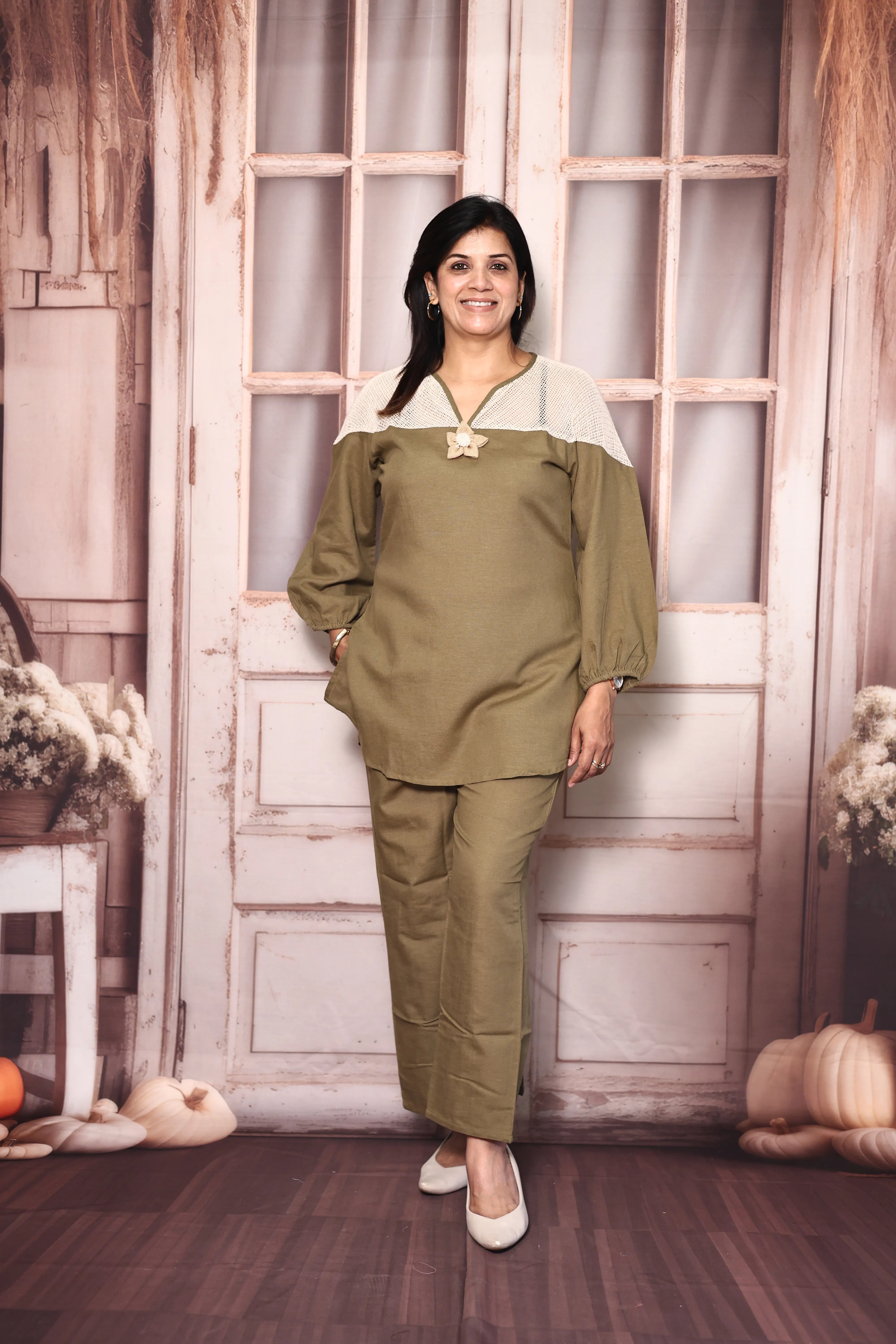 Olive green Lace Work Top Pant Co-Ord Set | Premium Cotton Casual Wear