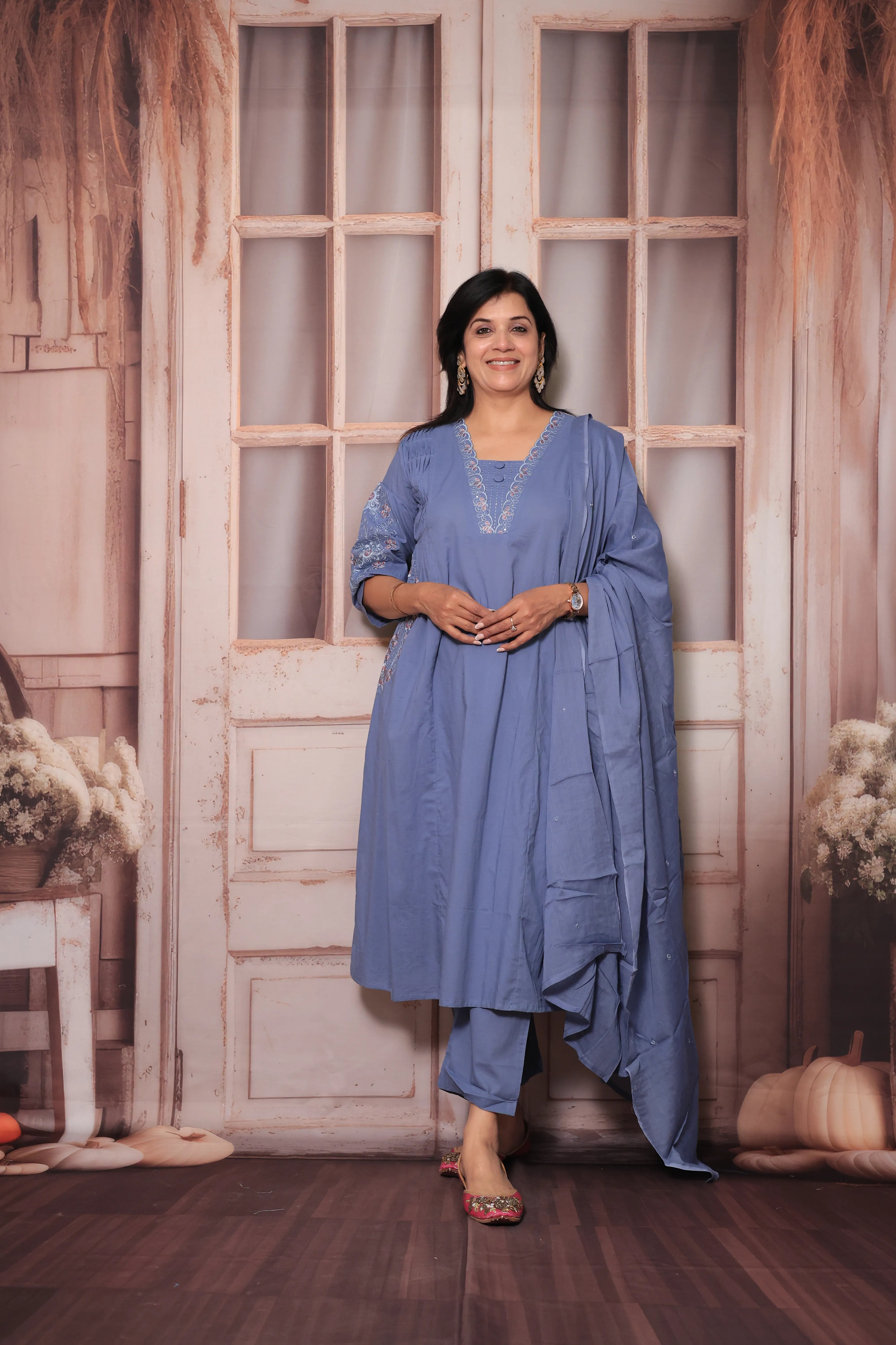 Glaucous Blue A-Line Dupatta Set | Soft Cotton with Sequins Thread Embroidery for Women