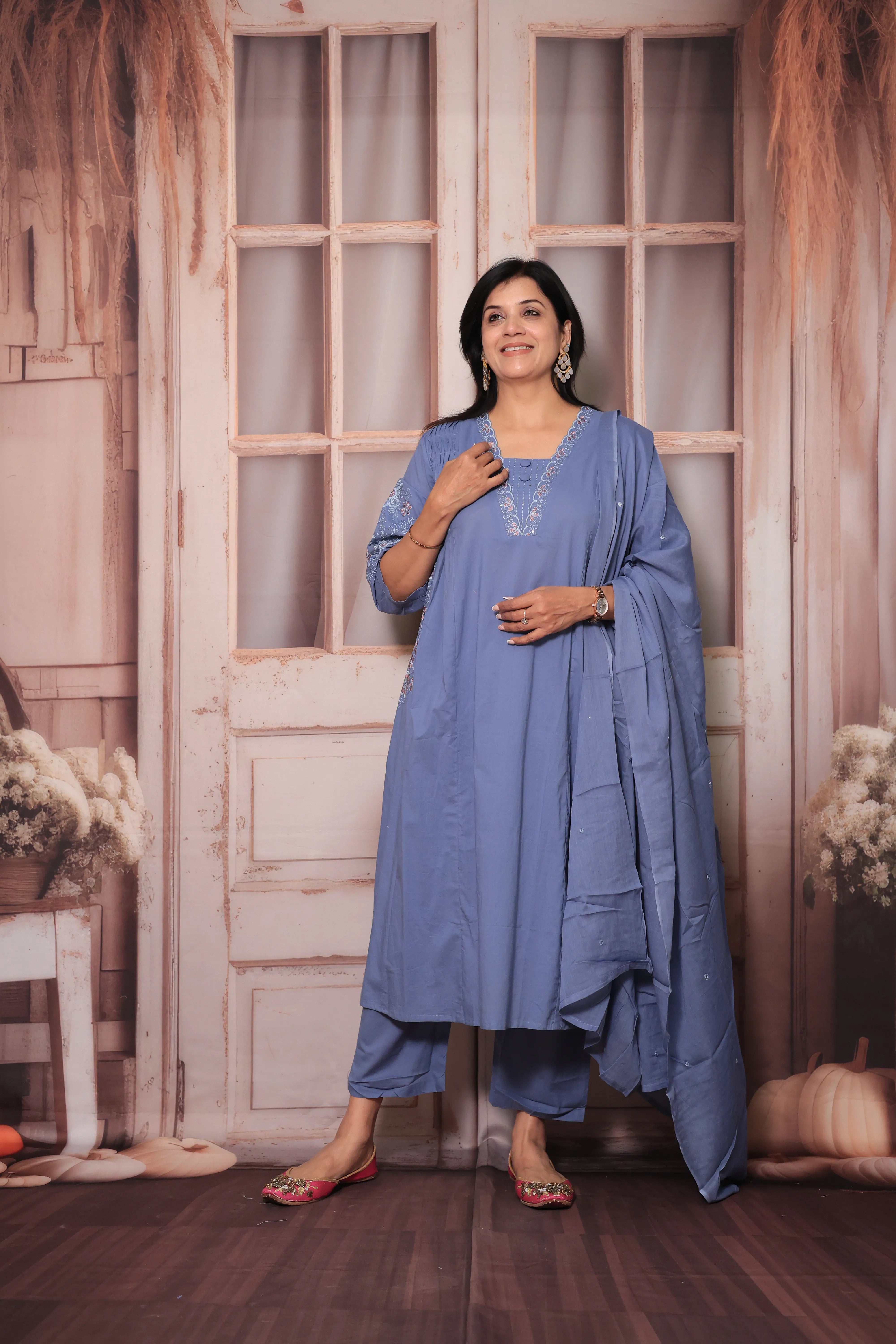 Glaucous Blue A-Line Dupatta Set | Soft Cotton with Sequins Thread Embroidery for Women