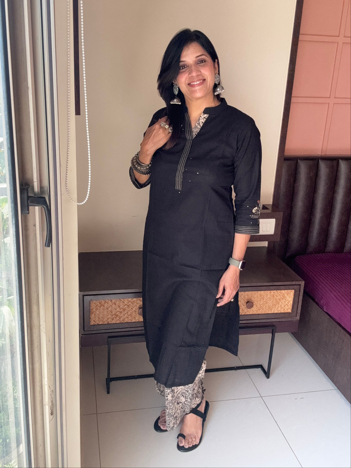 Black - Straight Kurta with Kalamkari Print Palazzo Set ( PLUS SIZE )