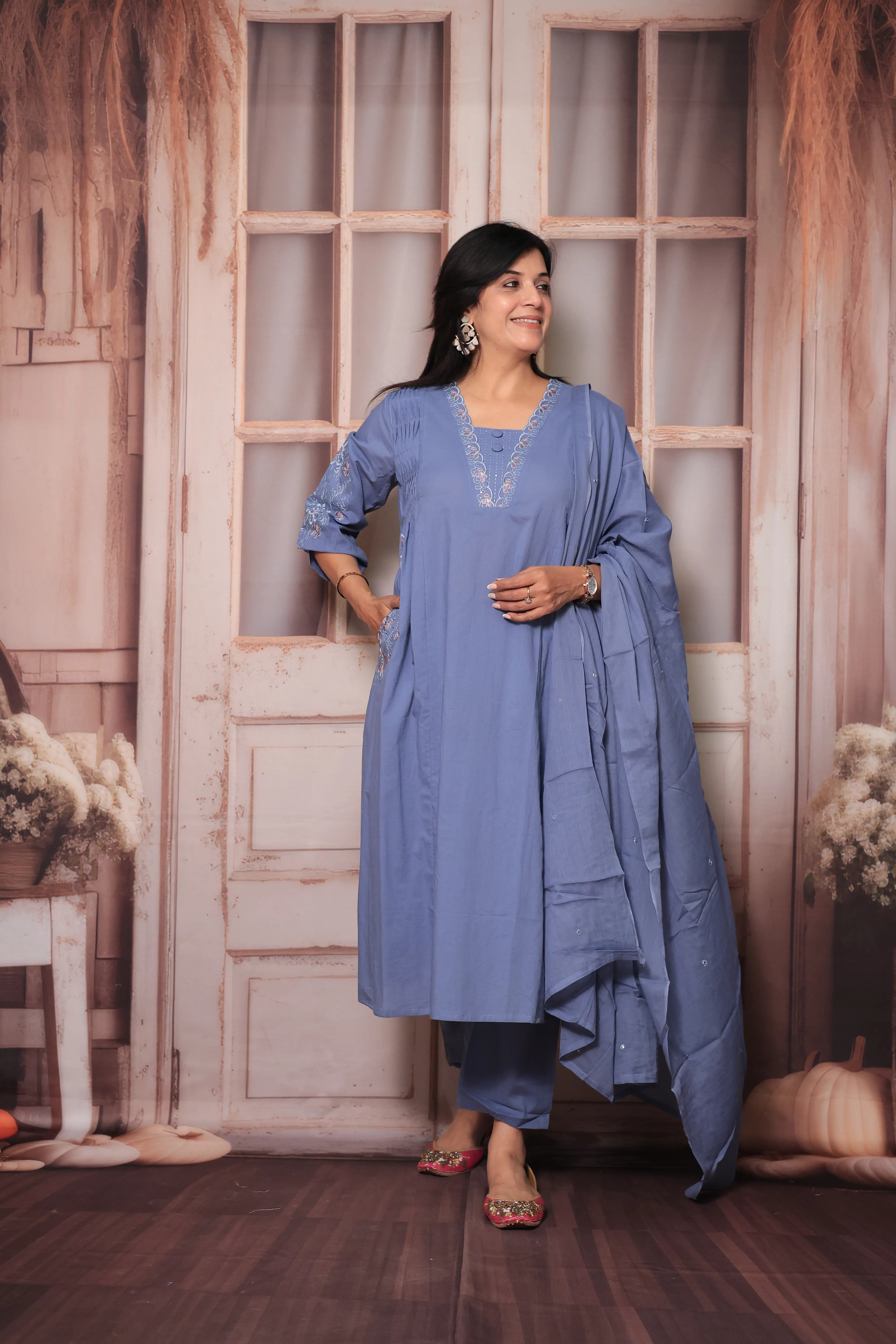 Glaucous Blue A-Line Dupatta Set | Soft Cotton with Sequins Thread Embroidery for Women