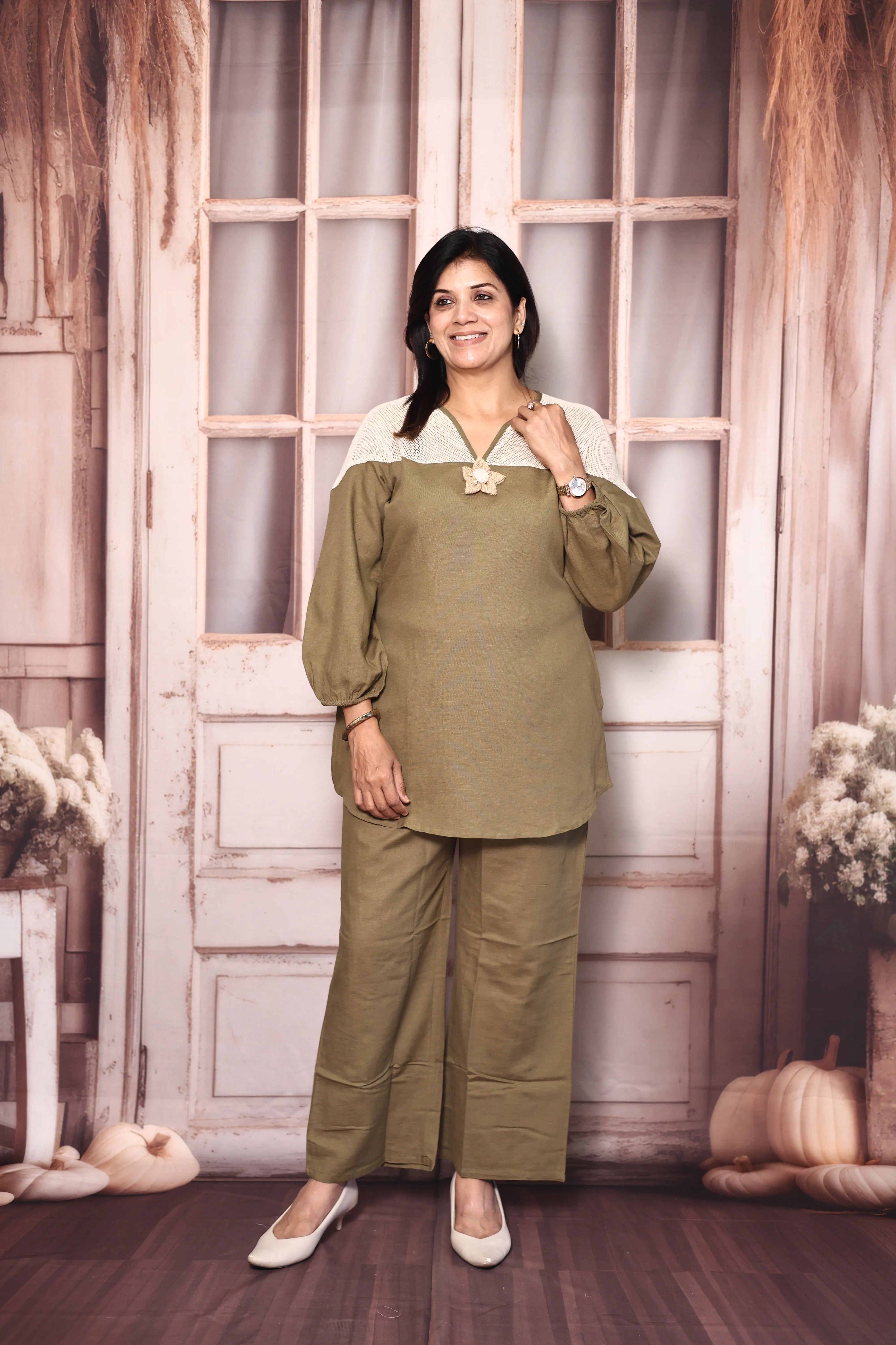 Olive green Lace Work Top Pant Co-Ord Set | Premium Cotton Casual Wear