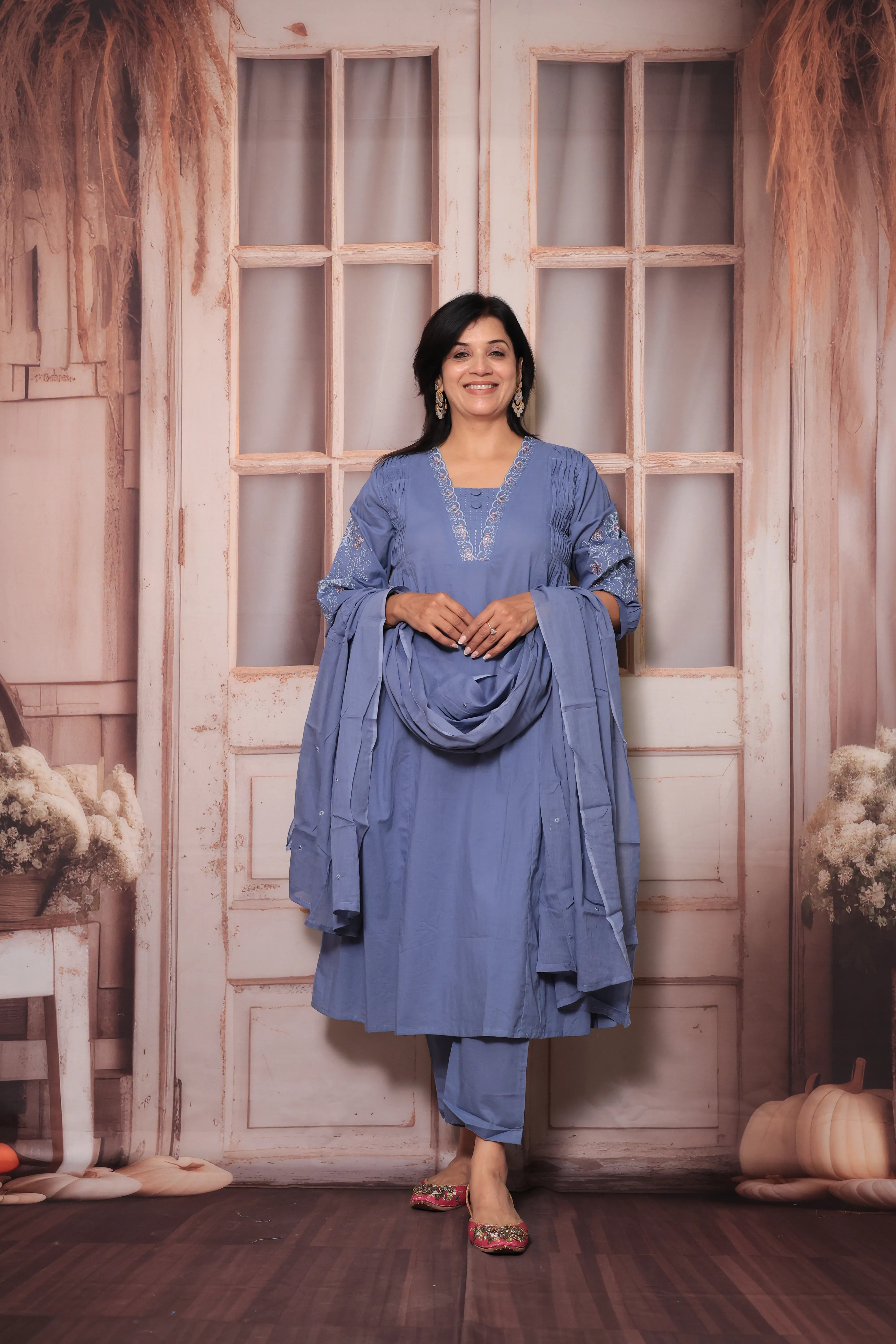 Glaucous Blue A-Line Dupatta Set | Soft Cotton with Sequins Thread Embroidery for Women