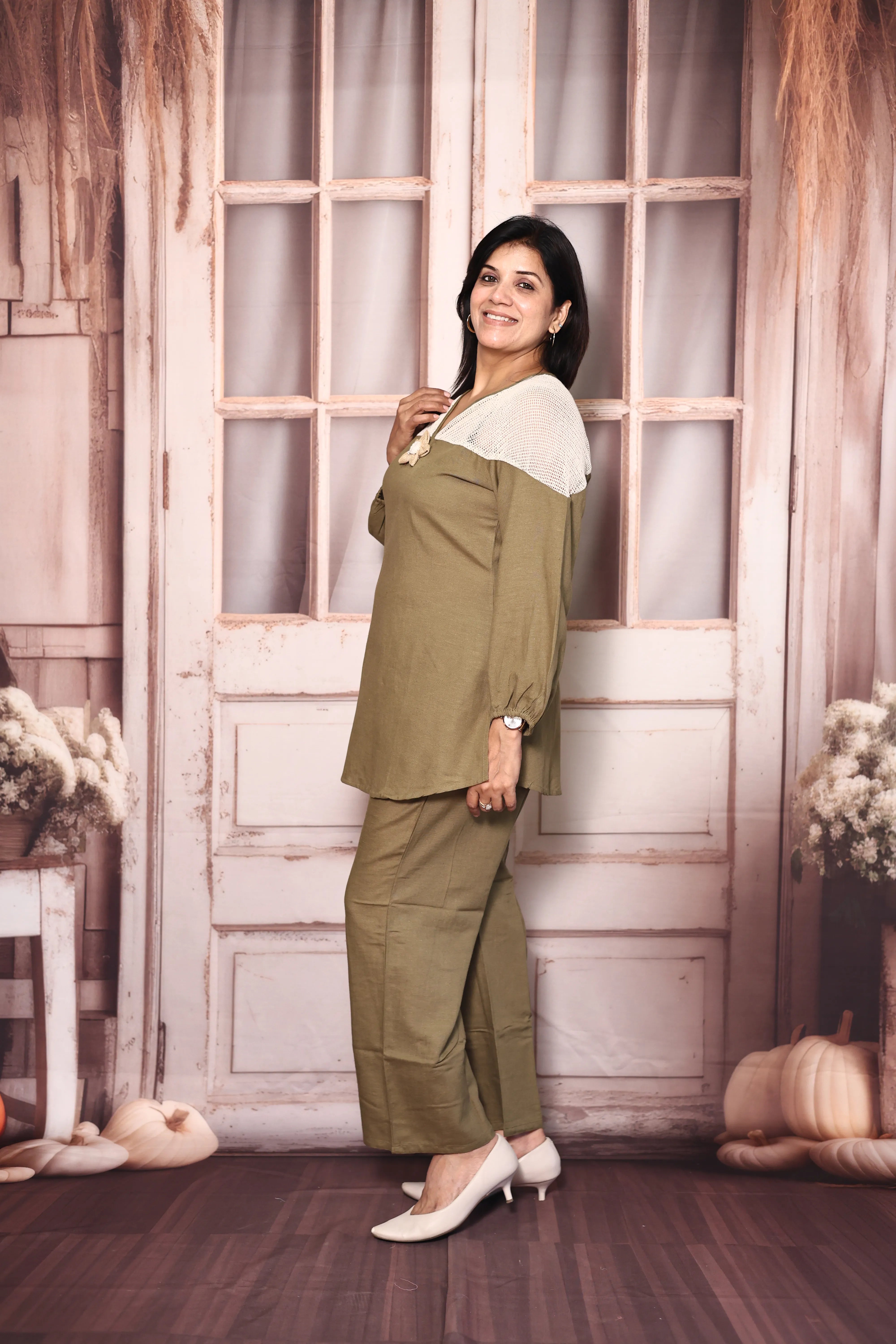 Olive green Lace Work Top Pant Co-Ord Set | Premium Cotton Casual Wear