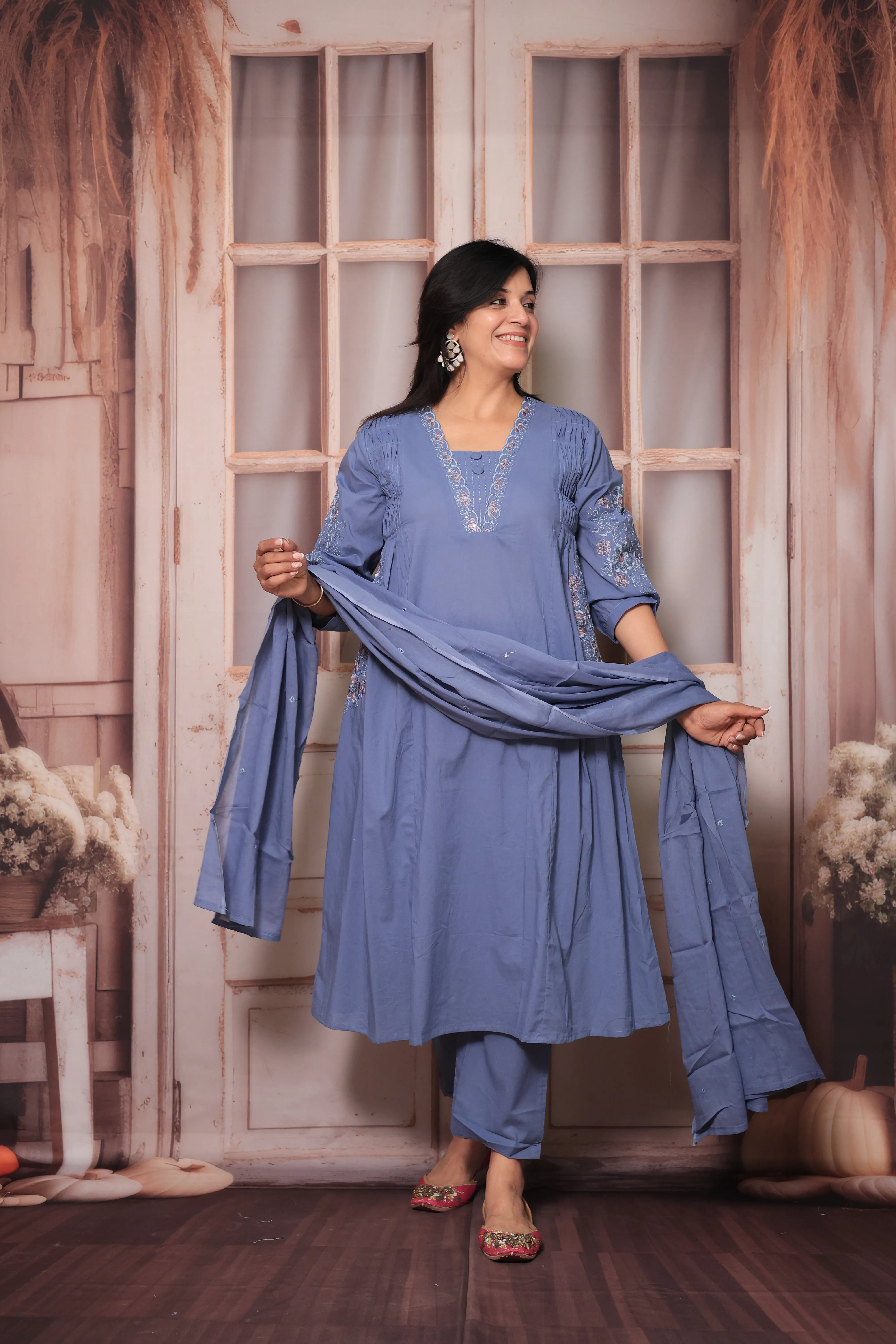 Glaucous Blue A-Line Dupatta Set | Soft Cotton with Sequins Thread Embroidery for Women
