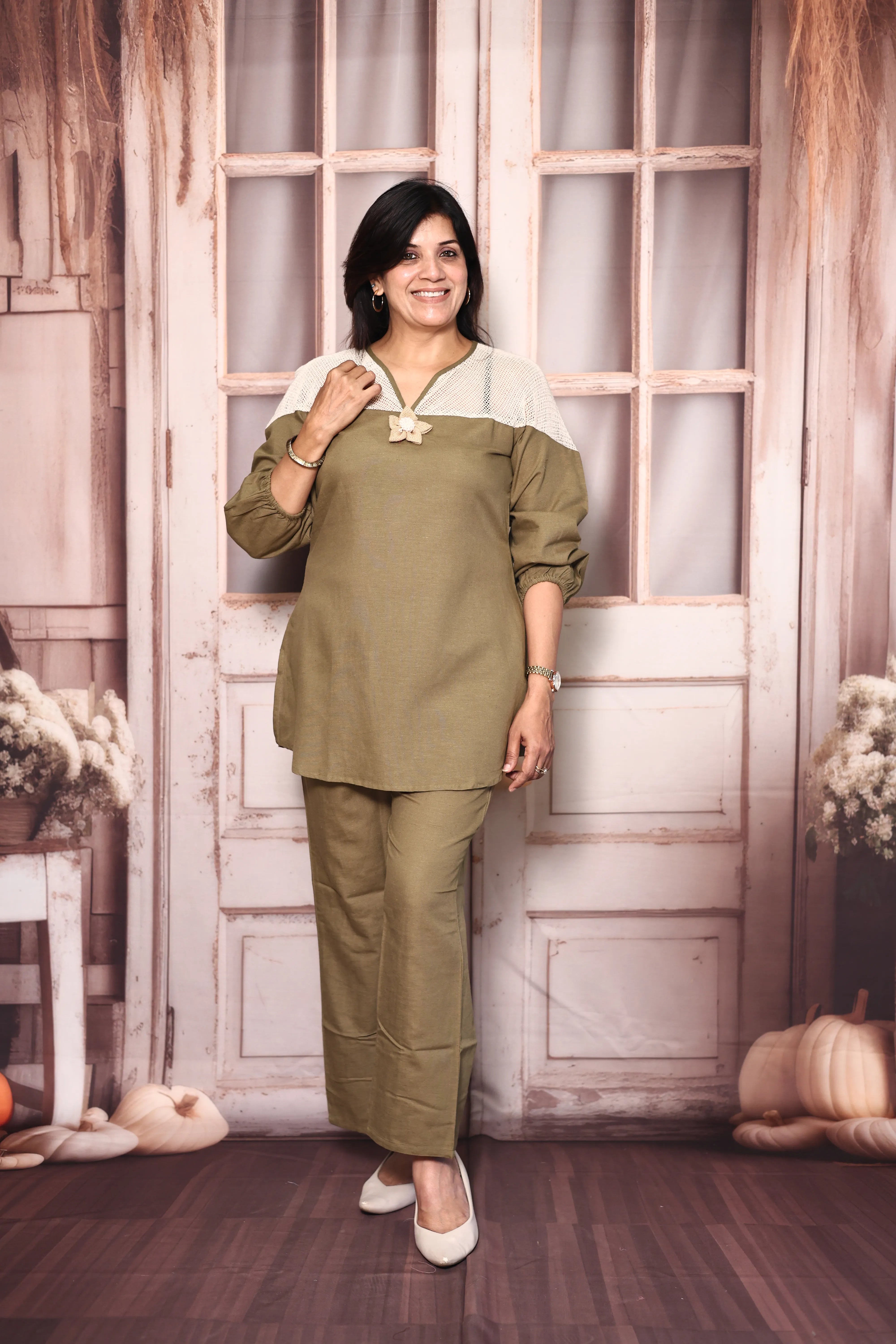 Olive green Lace Work Top Pant Co-Ord Set | Premium Cotton Casual Wear