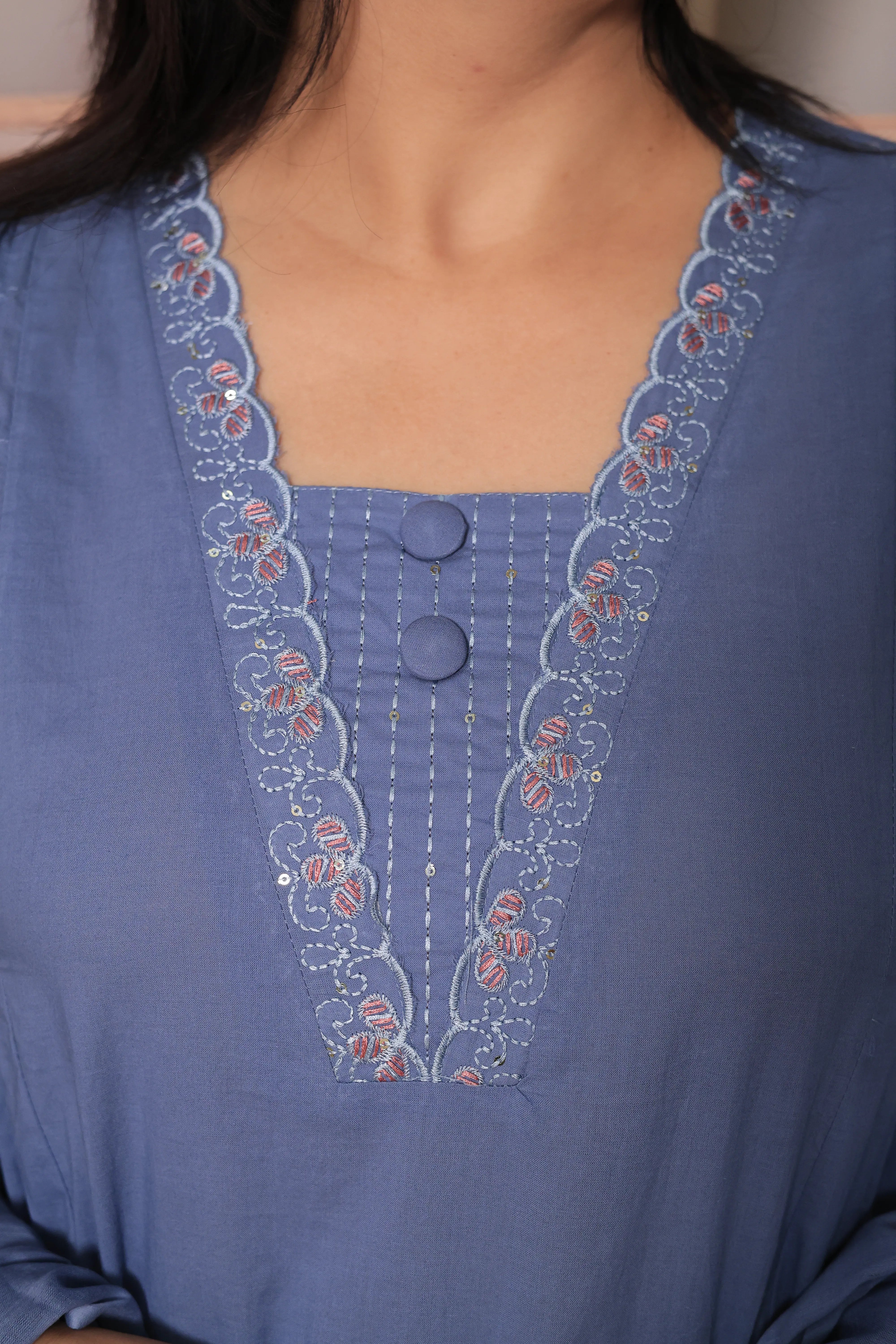 Glaucous Blue A-Line Dupatta Set | Soft Cotton with Sequins Thread Embroidery for Women