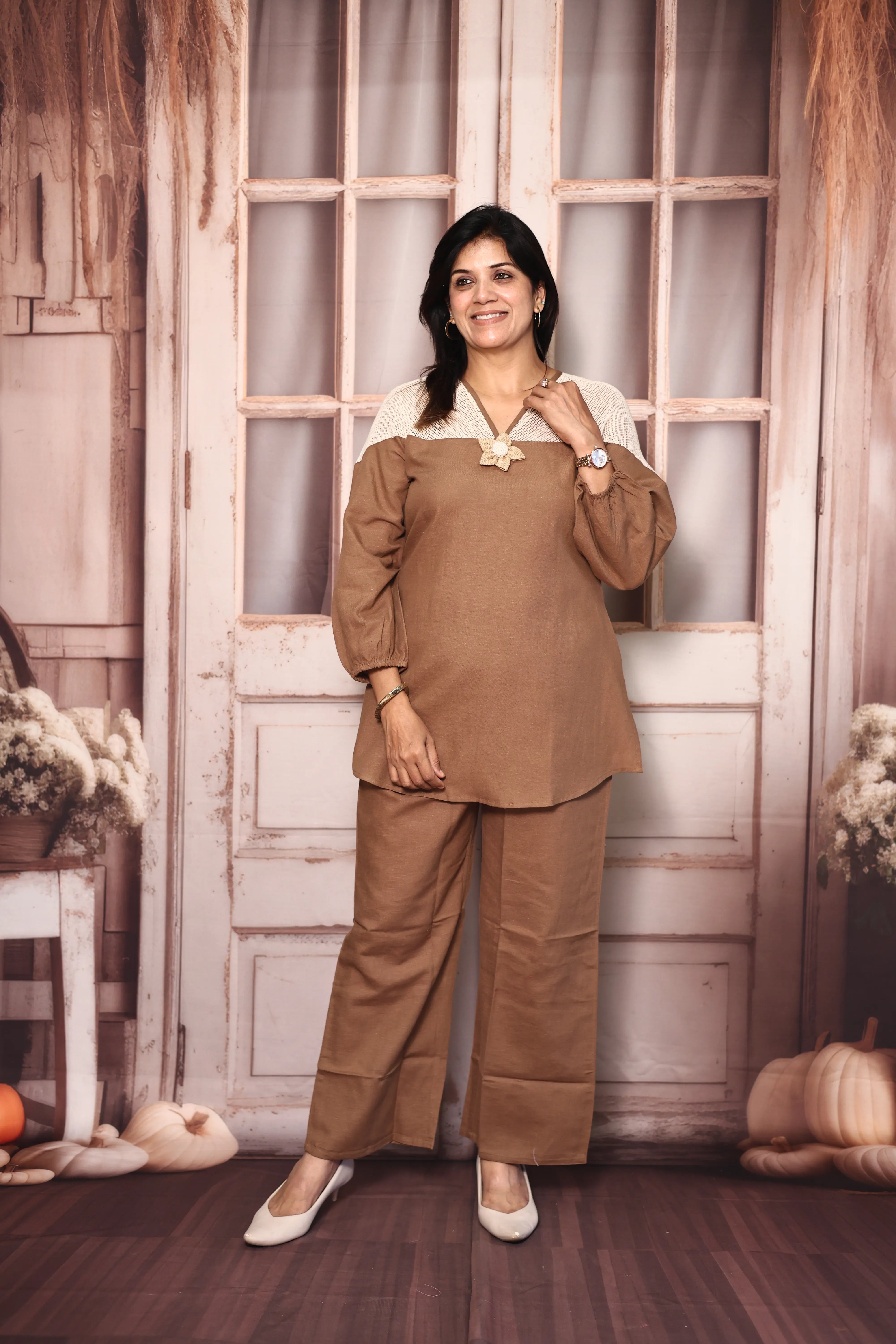 Brown Lace Work Top Pant Co-Ord Set | Premium Cotton Casual Wear