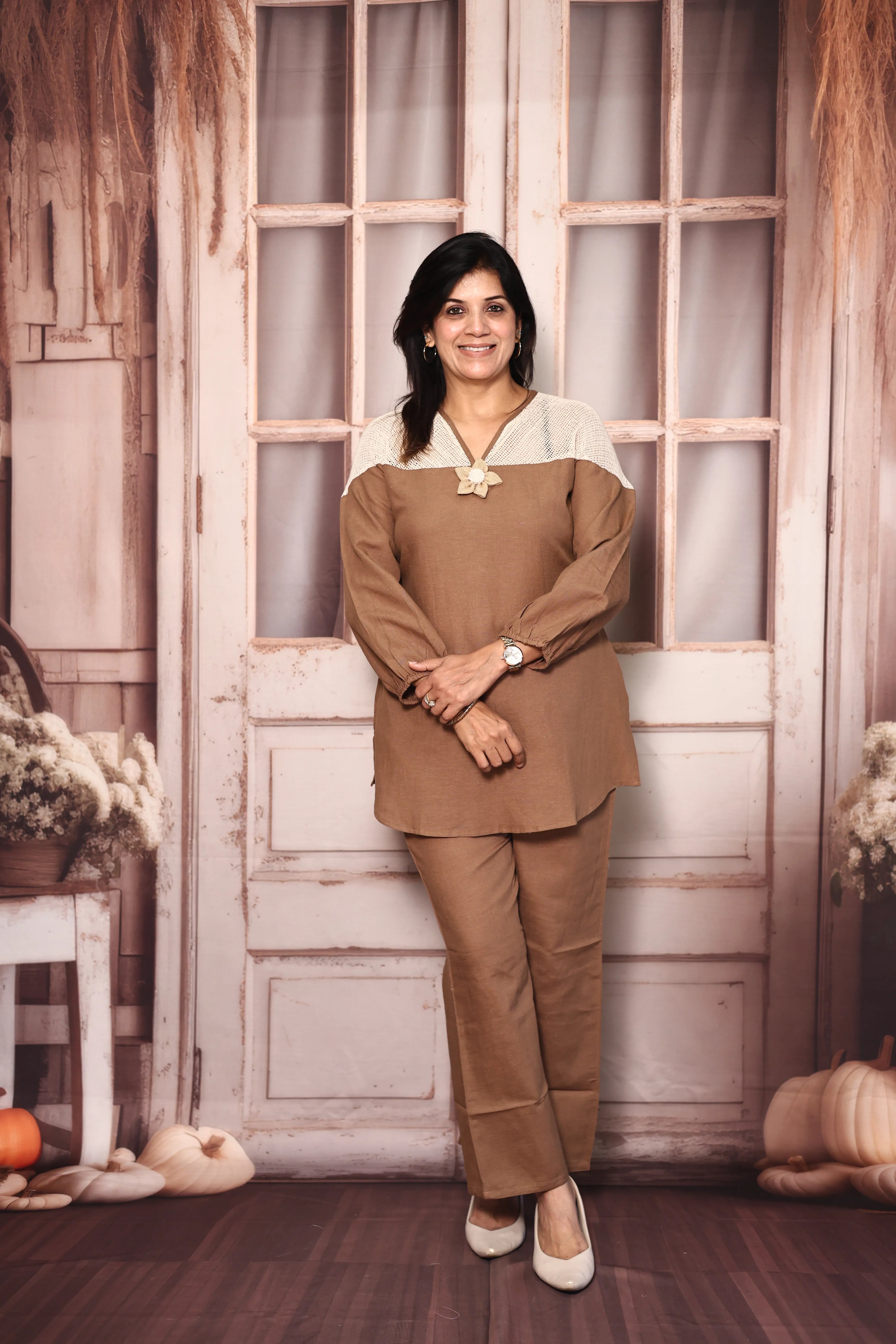 Brown Lace Work Top Pant Co-Ord Set | Premium Cotton Casual Wear