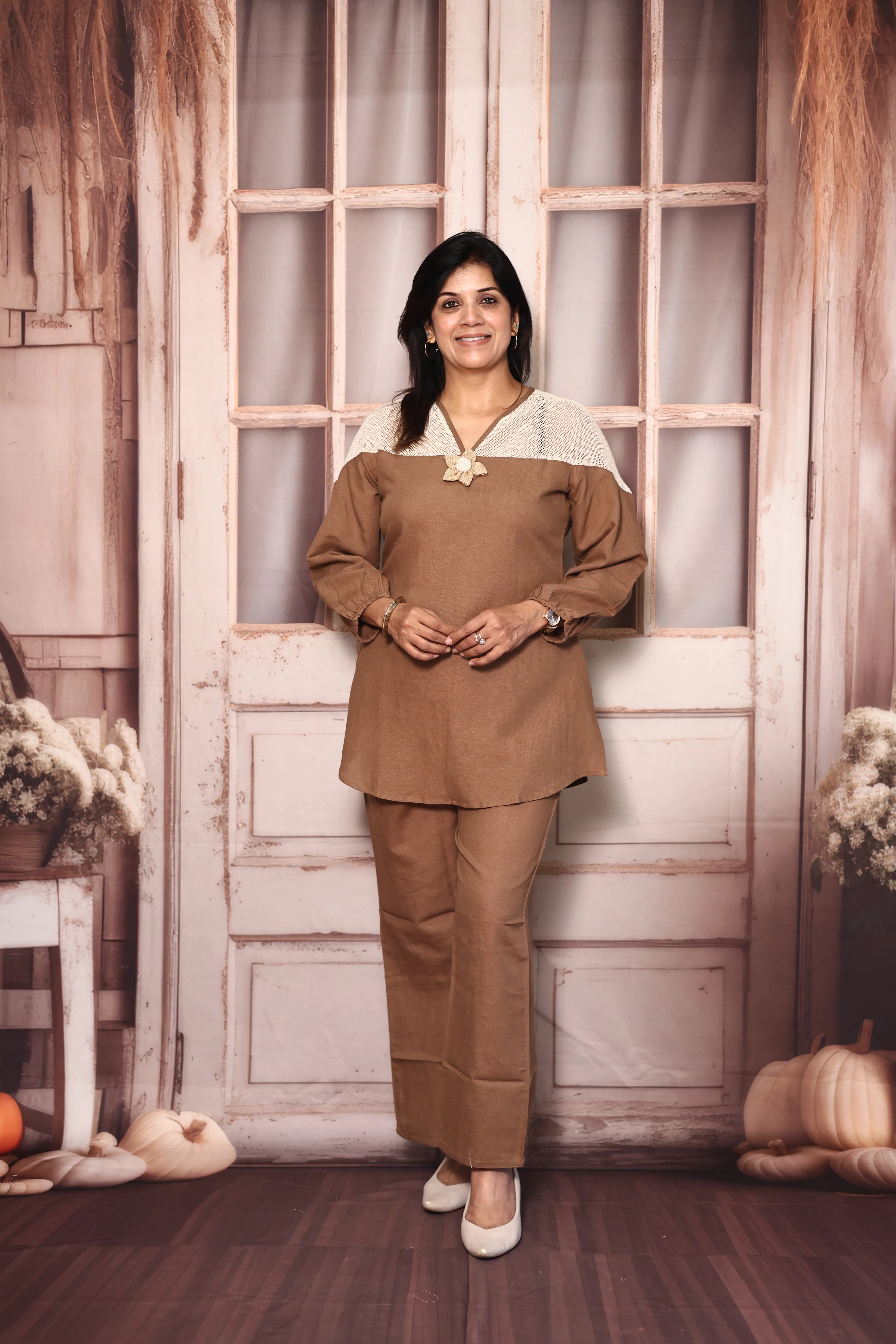 Brown Lace Work Top Pant Co-Ord Set | Premium Cotton Casual Wear