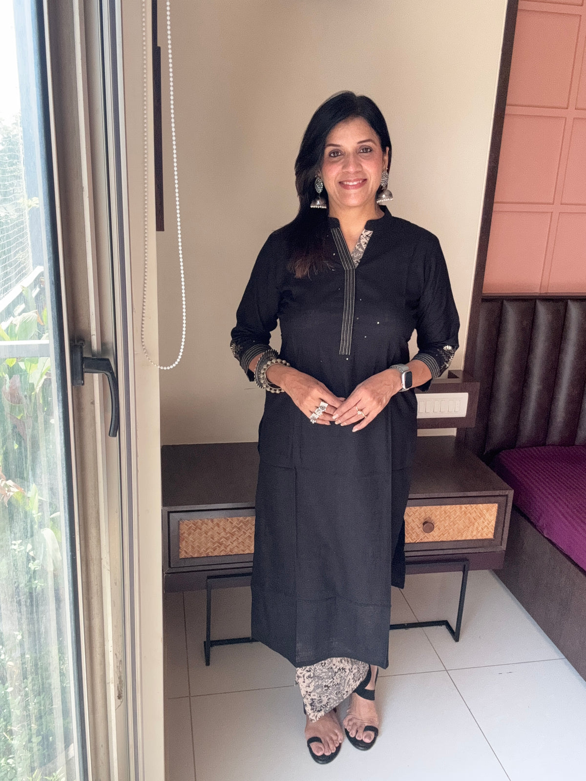 Black - Straight Kurta with Kalamkari Print Palazzo Set ( PLUS SIZE )