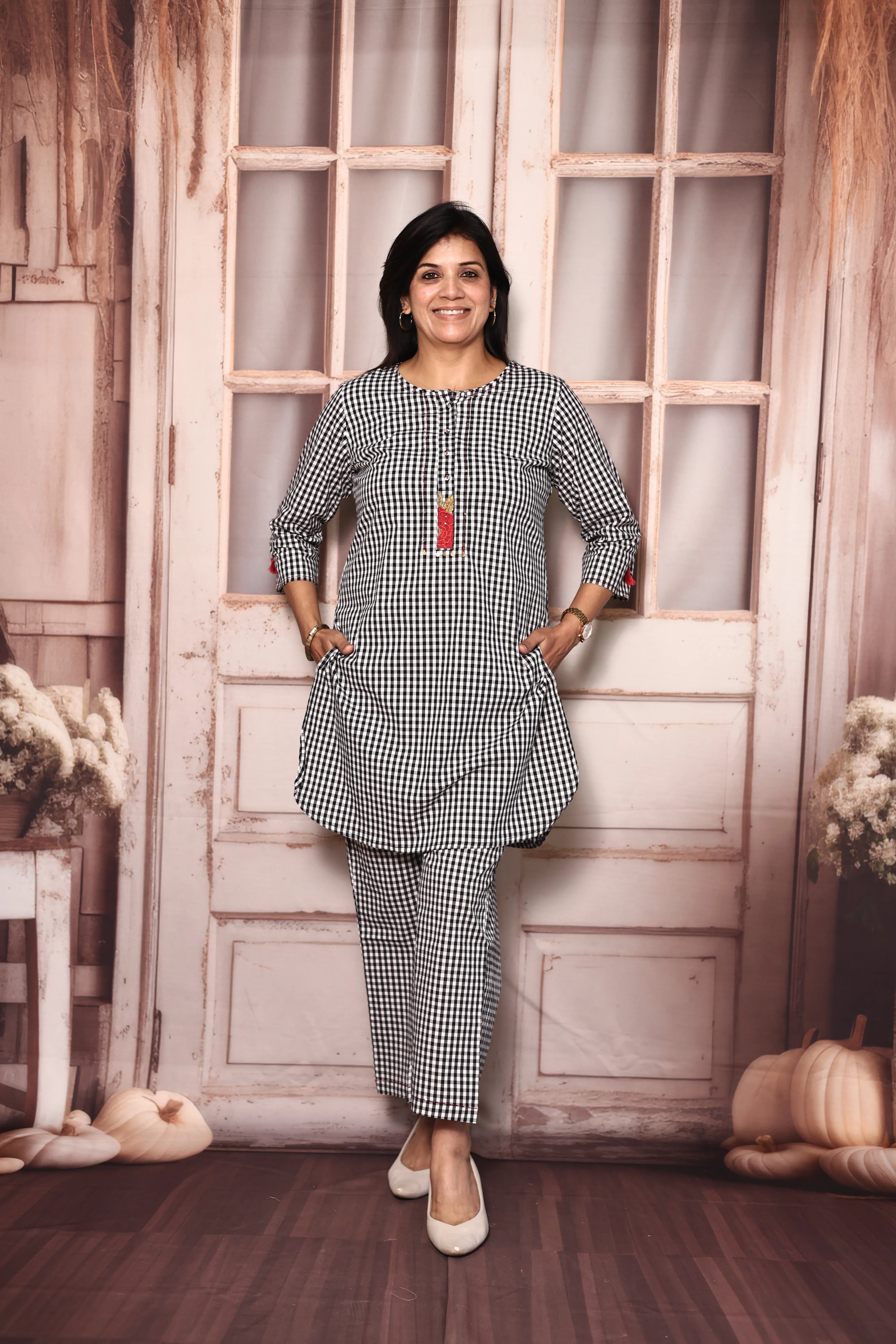 White & Black Checked Short Kurti Pant Co-Ord Set | Soft Cotton Embroidered Wear
